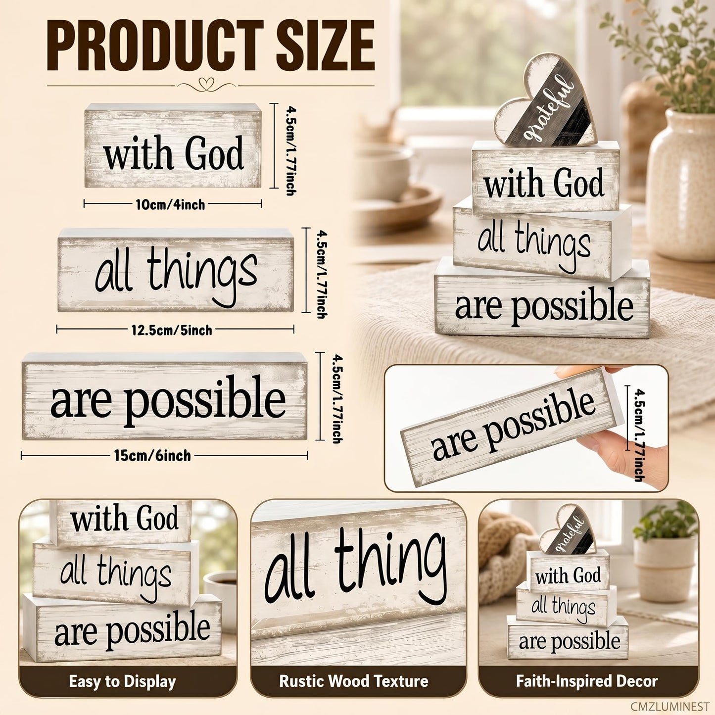 4 Pcs Christian Farmhouse Table Decor, Religious Wooden Farmhouse Tiered Tray Decorations with Heart Grateful Sign, With God All Things Are Possible Home Decor for Kitchen, Office, Mantel, Coffee Bar
