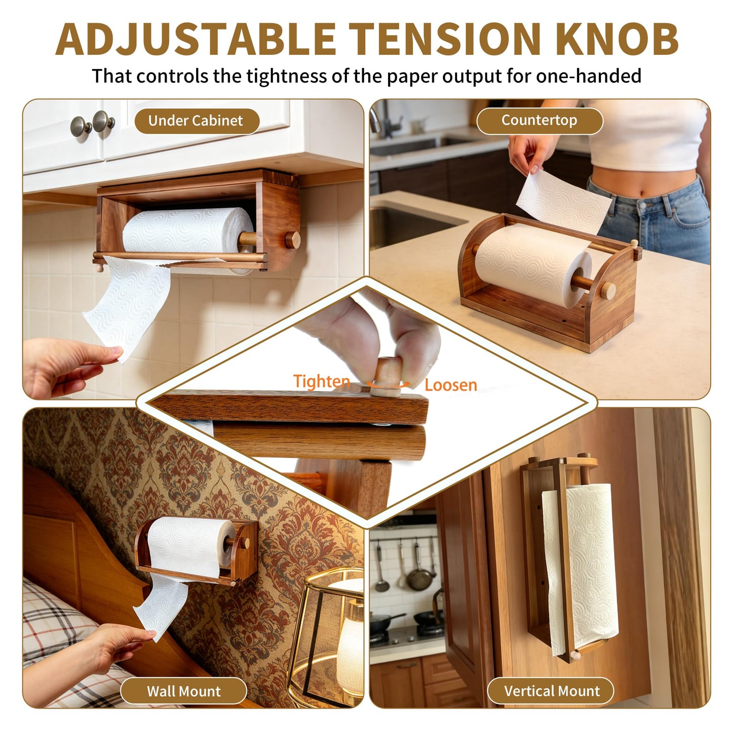 Extra Large Wooden Hanging Paper Towel Holder Wall Mount, Handmade Acacia Wood Farmhouse Paper Towel Holder, One Hand Tear Design, Wall Mount Countertop Under Cabinet Paper Towel Rack for Kitchen