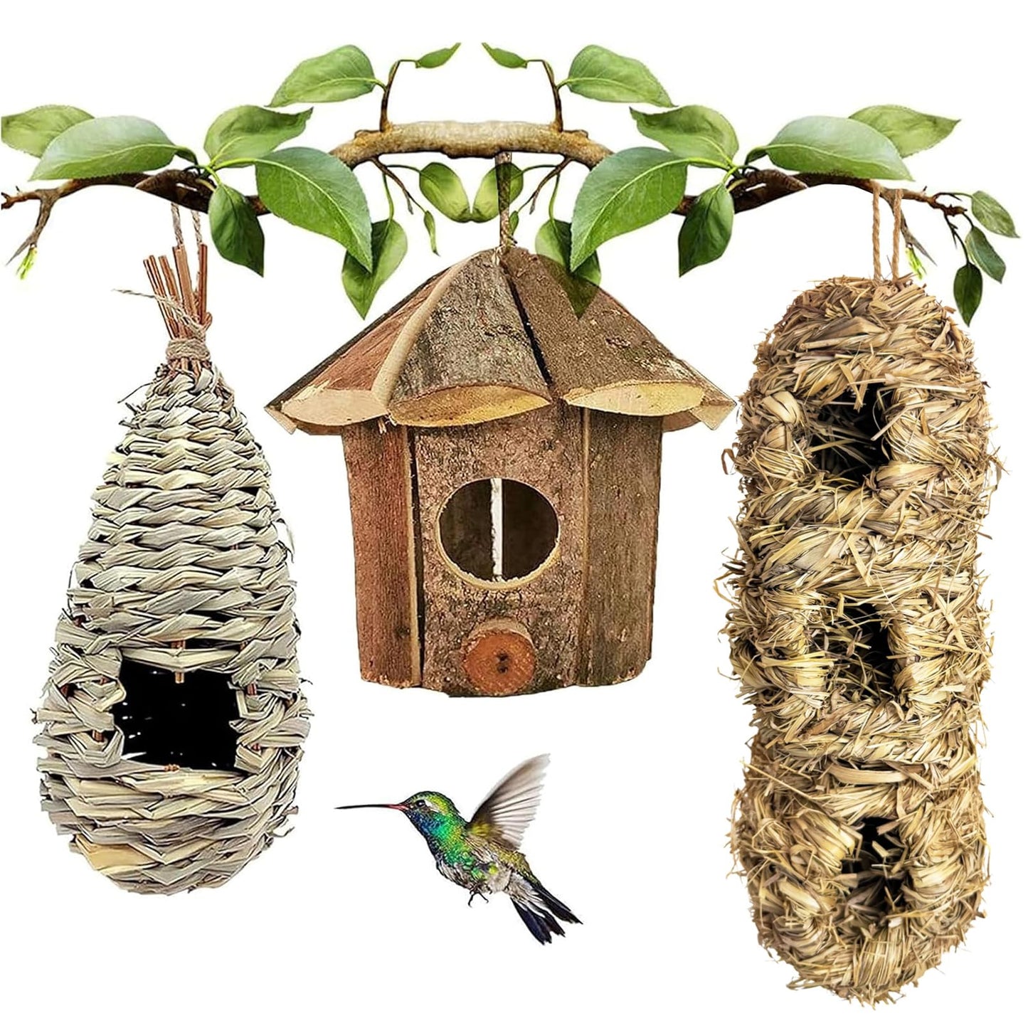 Hamiledyi Humming Bird Houses Nest, Hand Woven Wooden Vintage Chickadee Finch Hut Outdoor Hanging Natural Grass Birdhouse Nest for Canary Finches Robin Wren- Set of 3