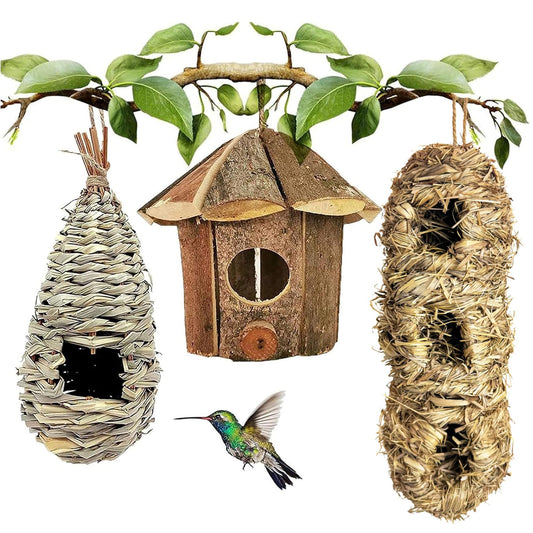 Hamiledyi Humming Bird Houses Nest, Hand Woven Wooden Vintage Chickadee Finch Hut Outdoor Hanging Natural Grass Birdhouse Nest for Canary Finches Robin Wren- Set of 3