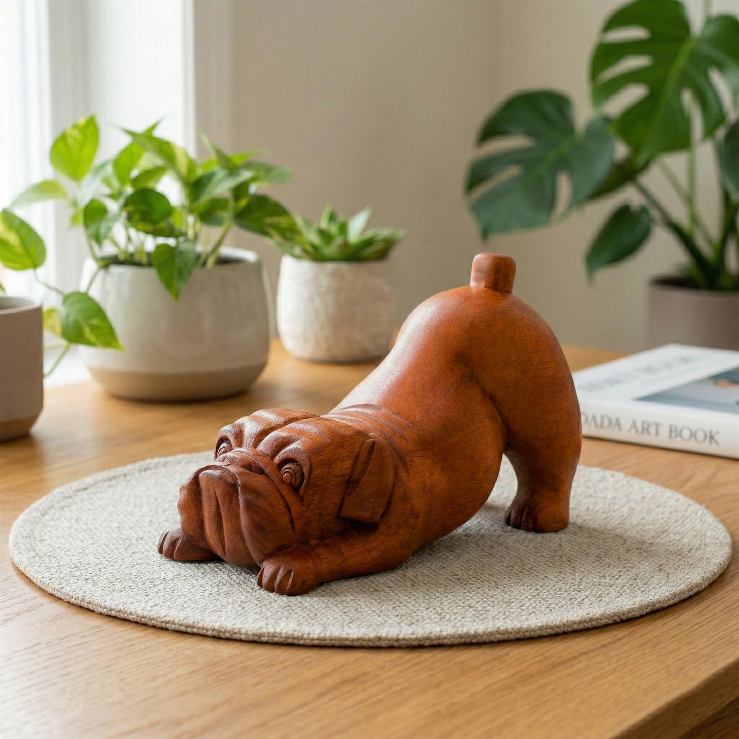 G6 Collection Wooden Hand Carved Crouching English Bulldog Statue Figurine Sculpture Art Decorative Rustic Home Decor Accent Handmade Handcrafted Wood Decoration Gift Dog Artwork,