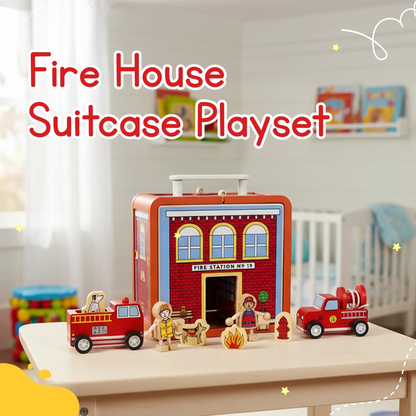 Jack Rabbit Creations Fire House Suitcase Playset - Wooden Fire Station Playset, 15 Pieces - Ages 3+
