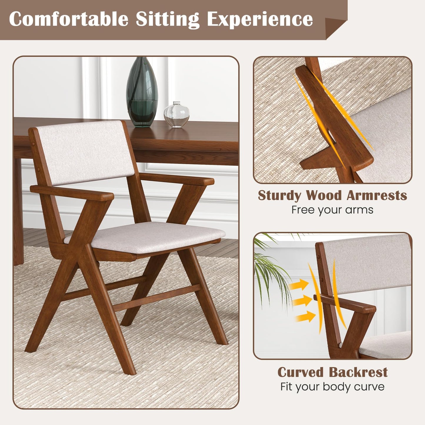 Giantex Wooden Dining Chairs Set of 2, Linen Fabric Upholstered Kitchen Chairs w/Armrests, Rubber Wood Frame, Padded Seat & Back, Farmhouse Side Chairs, Accent Chairs for Living Room Restaurant