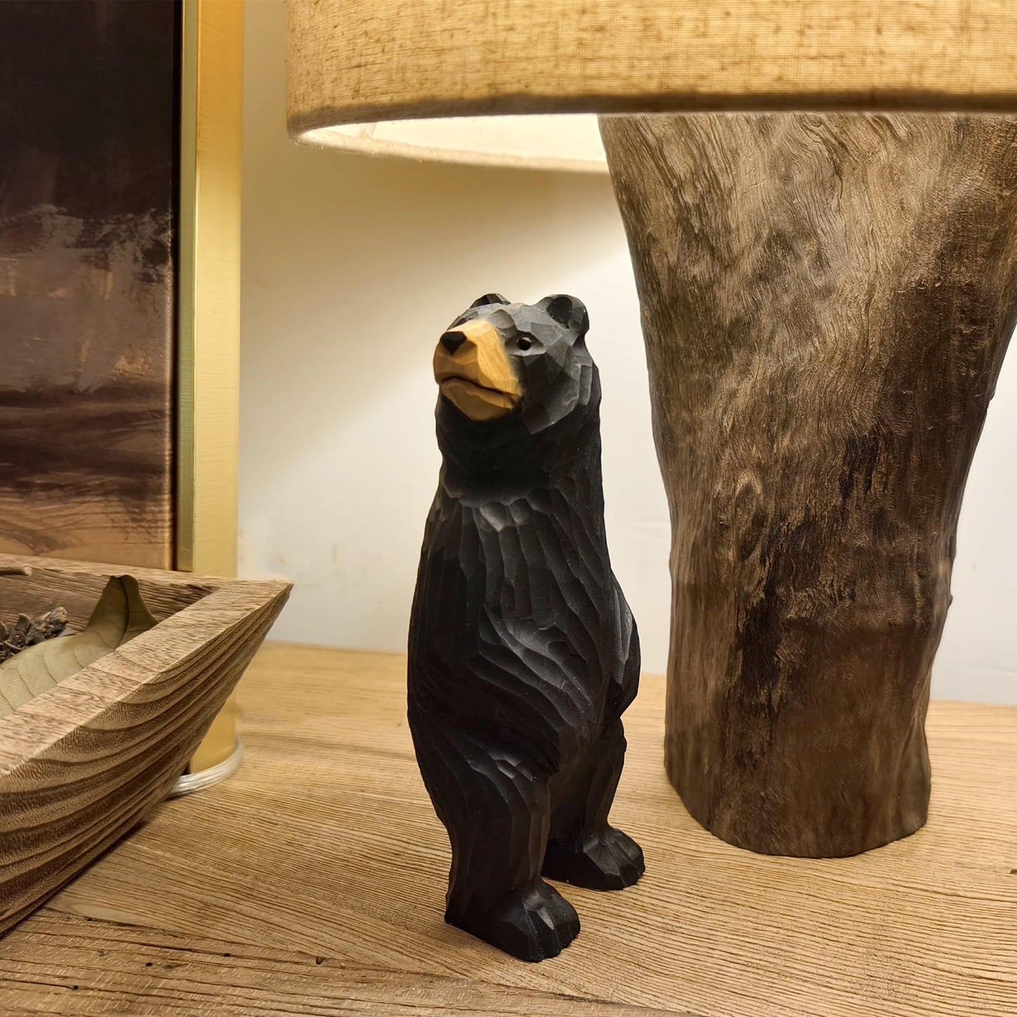 BEAULEMNA 7.5’’HHand Carved Wooden Standing Black Bear Figurine North American Black Bear Figurine for Home Decor Unique Presents and Collectibles