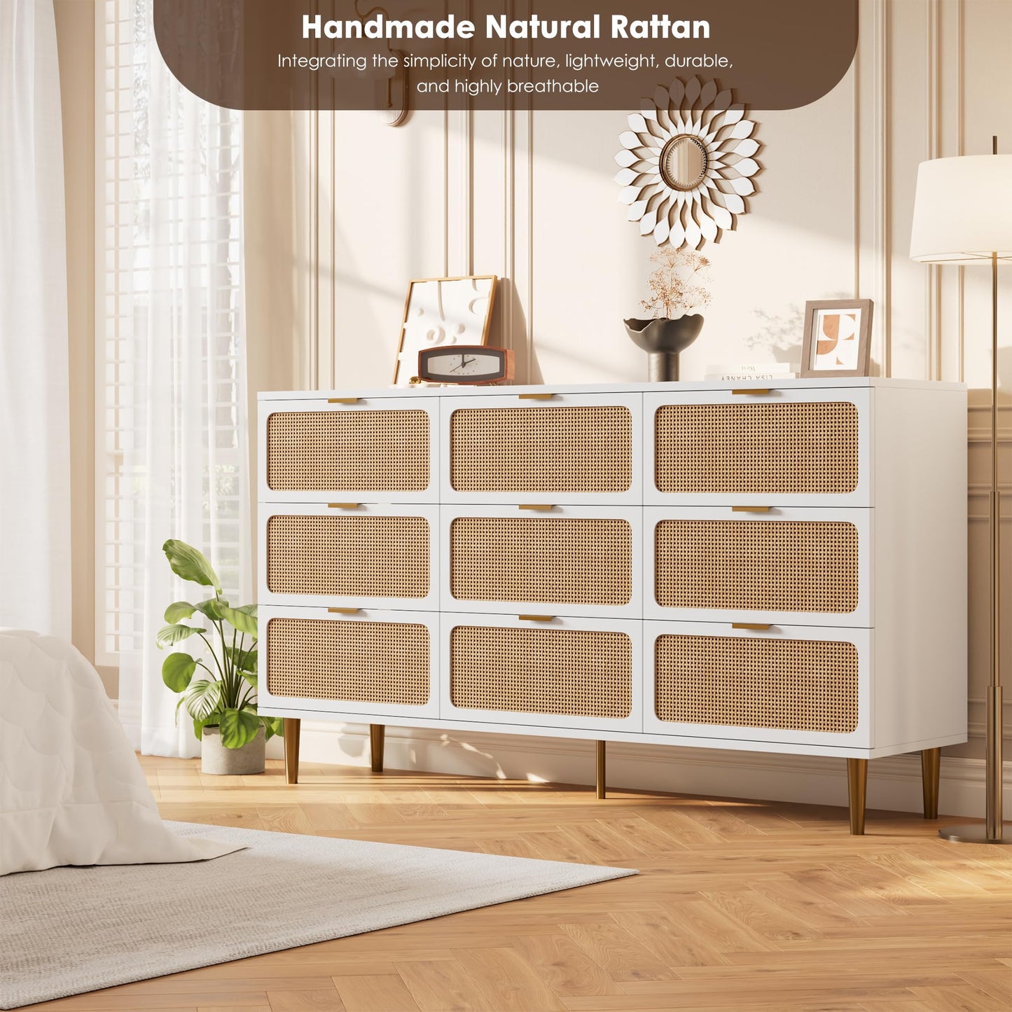 GarveeHome Rattan 9 Drawer Dressers for Bedroom, Tall Dresser with Deep Drawers, Large Chest of Drawers for Closet with Wide Top, Long Wooden Dresser for Living Room, Hallway, Kids Room, White