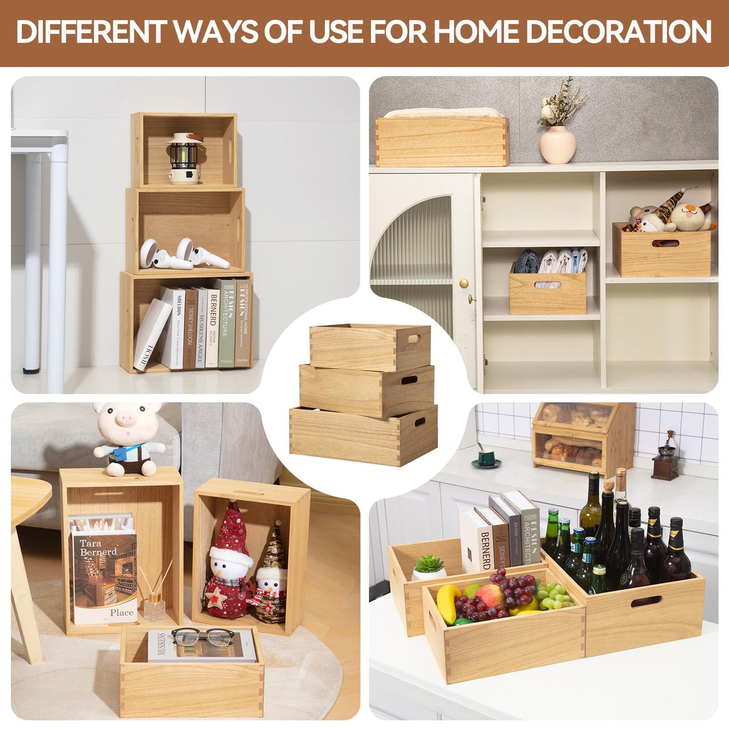 KIRIGEN Nesting Wood Crates with Handles, Set of 3 Decorative Storage Boxes, Farmhouse Shelf Bins for Pantry, Bathroom, Craft Room, Towels, Books, 15.75 x 11.8 x 5.9 in, Natural 3TH-NA