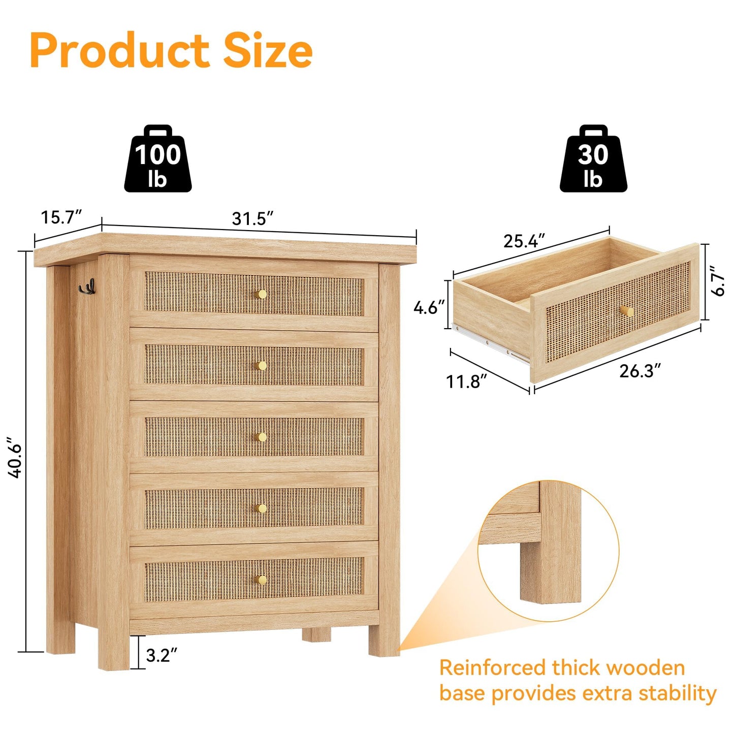 Natural Rattan Dresser for Bedroom with 5 Drawers, Wood Boho Chest of Drawers with Gold Metal Handle, Matte Top Bedroom Tall Dresser with Large Drawers for Living Room, Closet, Hallway, (Nartual)