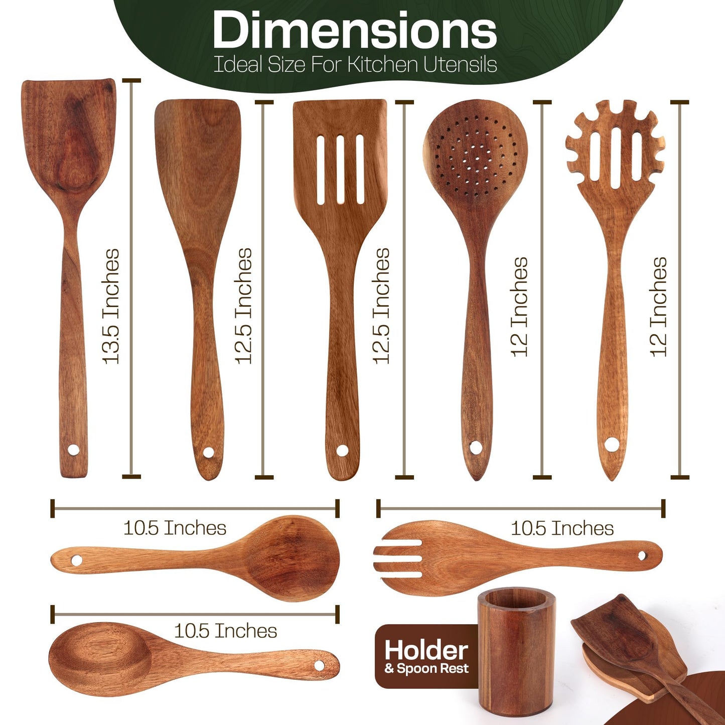 KITUTING Wooden Spoons for Cooking Set of 10 - Cooking Utensils with Spoon Rest & Holder – Comfortable Grip & Easy to Clean - Wooden Spoon Set for Kitchen with four Hanging Hooks
