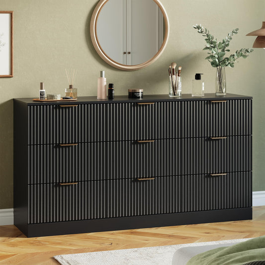 MALOL Fluted 9 Drawer Dresser for Bedroom, 59" Wide Wood Chest of Drawers with Metal Handle, Long Dresser Storage Organizer TV Stand for Closet, Living Room, Hallway, Black