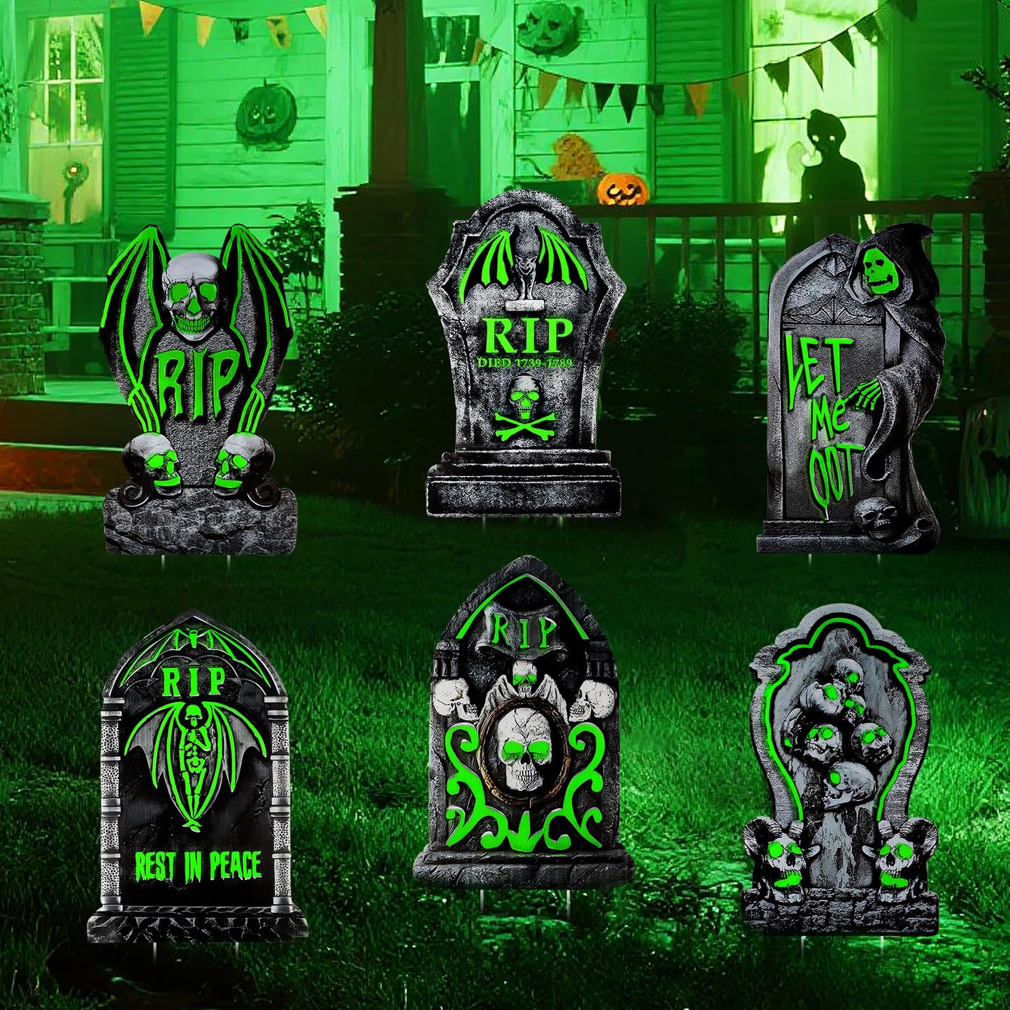 Larber 6pcs Glow in The Dark Tombstones with Stakes Large Halloween Tombstones Yard Signs Decor Waterproof RIP Headstones for Graveyard Halloween Lawn Garden Outdoor Indoor Decoration