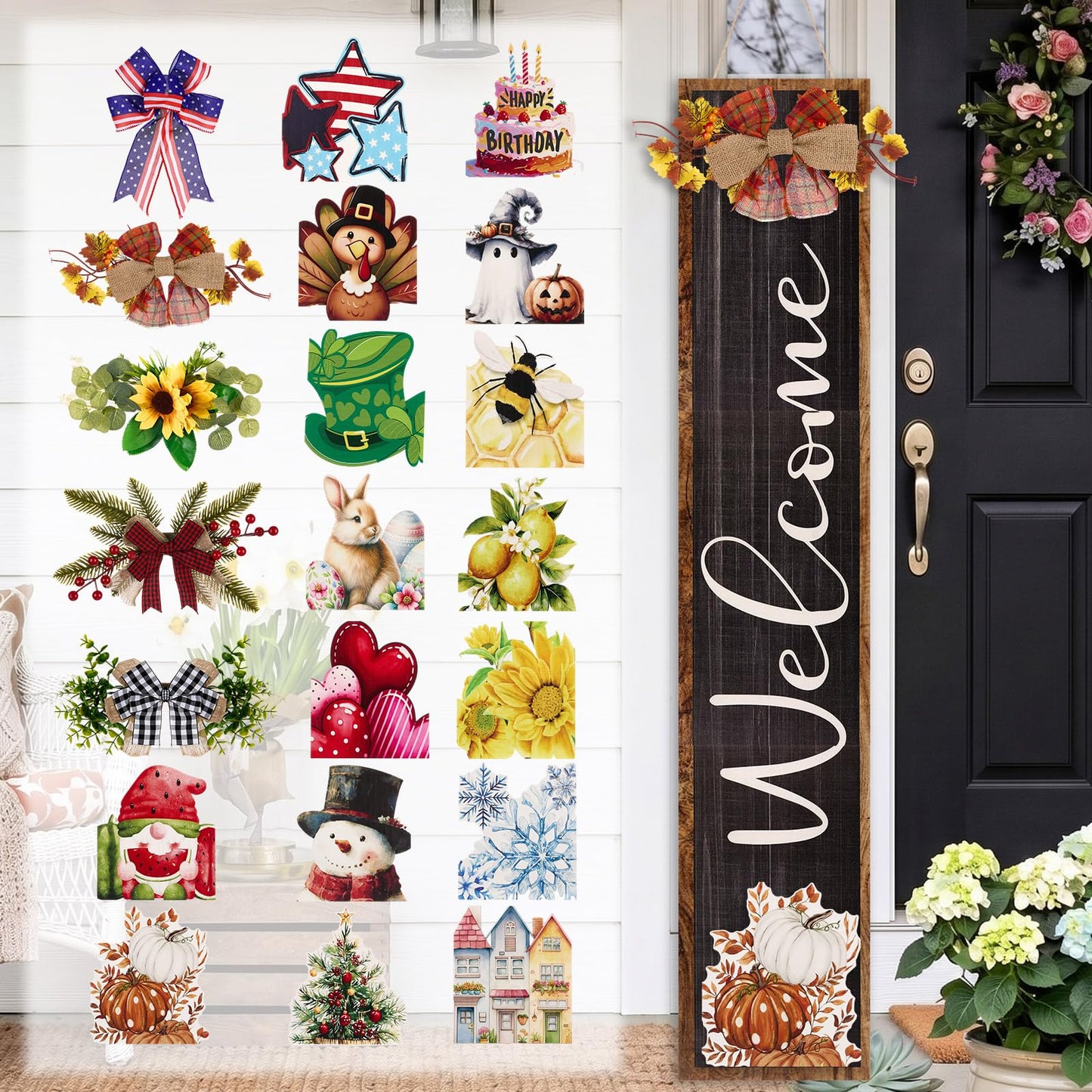 Novabright Interchangeable Welcome Sign for Front Porch Standing, 45.3" x 8.7" Summer Wood Leaner Sign with 5 Seasonal Wreaths & 16 Changeable Icons, Farmhouse Outdoor Decor for Holiday(Black)