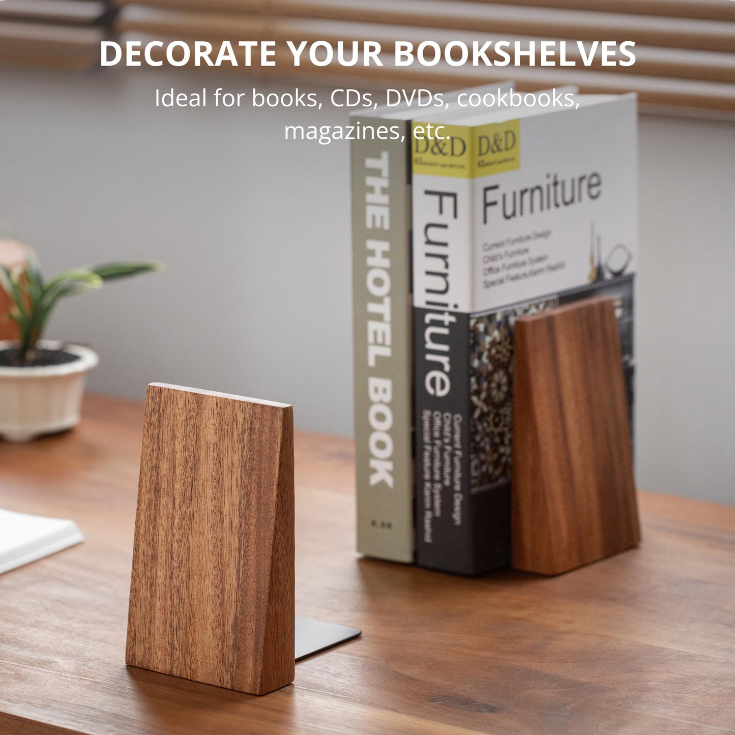 Muso Wood Book Ends, Thickened Wooden Bookends for Heavy Books, Creative Decorative Bookends for Shelves, Non-Skid Book Ends, Handmade Acacia Wood Bookends