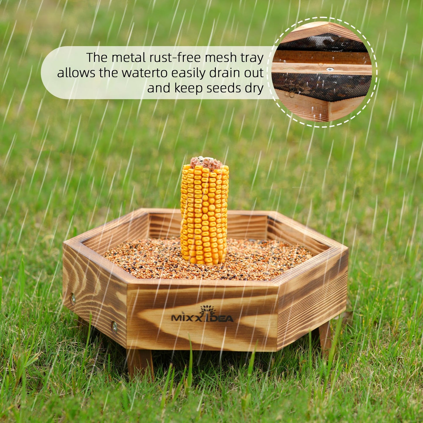 MIXXIDEA Ground Bird Feeder for Outdoors, Wooden Mesh Seed Tray for Bird Feeders, Great Attracting Garden Yard Decoration for Wild Birds Squirrels Chicken Dove, Brown