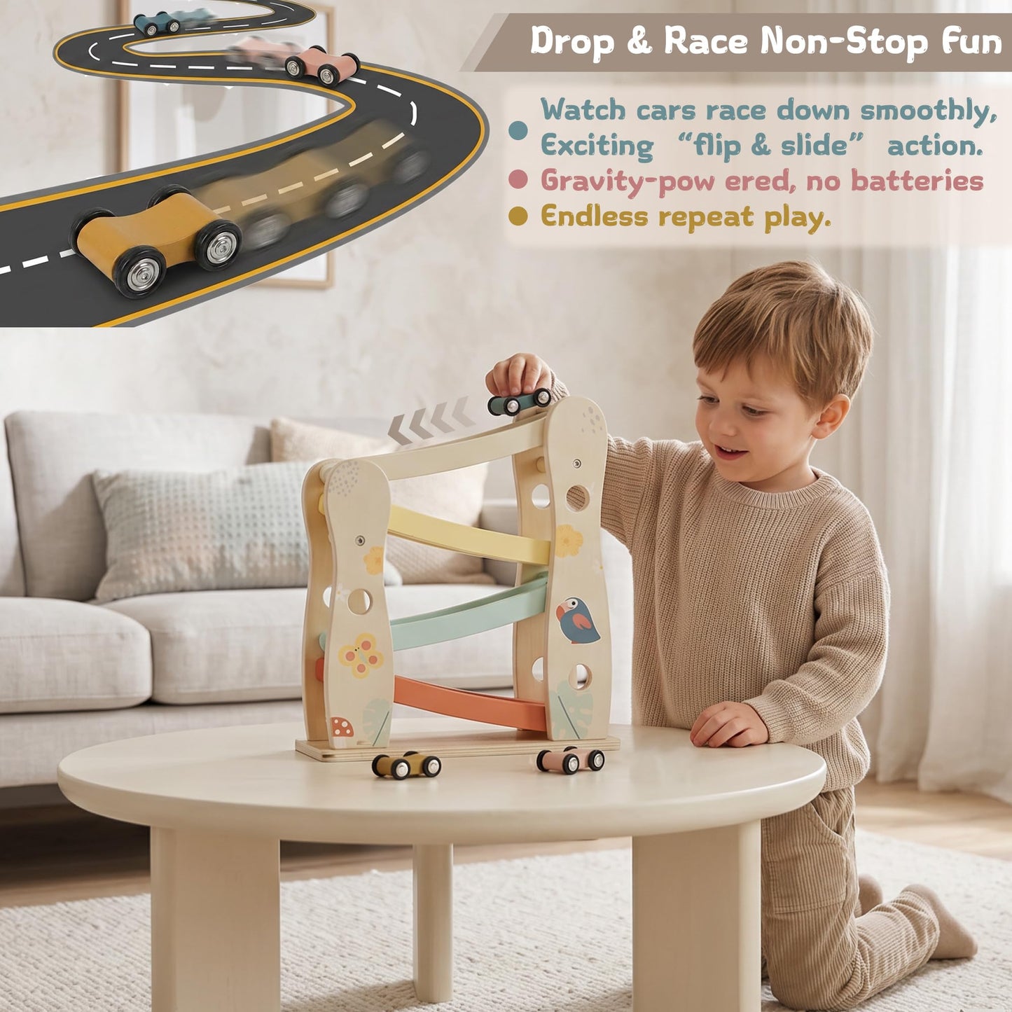 Freniland Wooden Car Ramp Toy with Cars, Toddler Race Track Set, Montessori Toys for 1-3 Year Old Boys Girls, Car Toys for Toddlers Age 18+ Months
