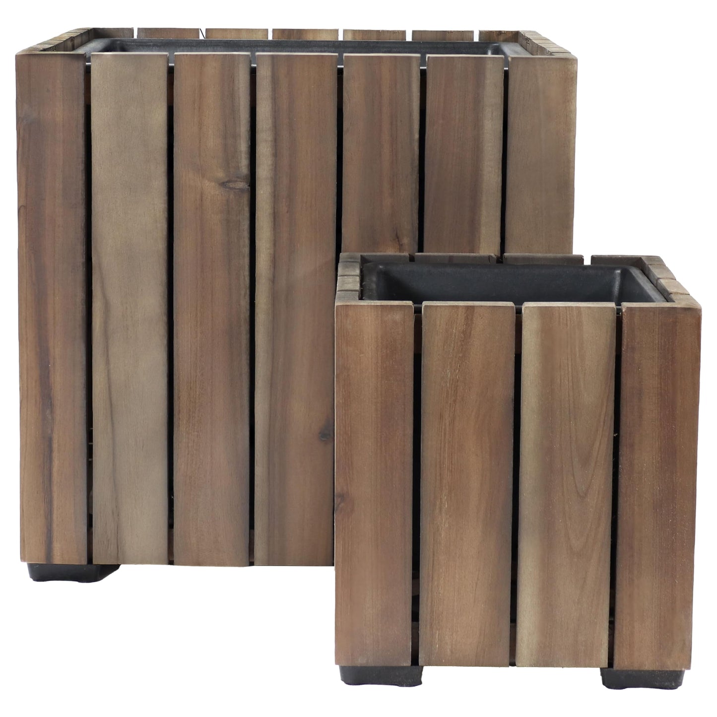 Sunnydaze Indoor/Outdoor Wooden Planter Boxes - 2 Acacia Wood Square Plant Pots with Plastic Liners - Anthracite Stain
