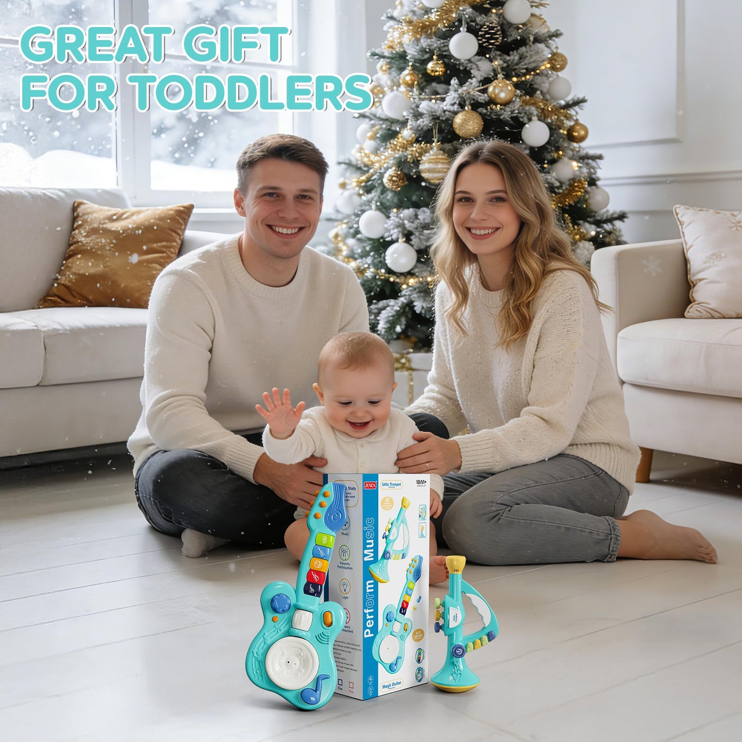 DOLPH HUG Toddler Montessori Musical Instruments Set — Trumpet & Guitar Toy for Kids Ages 2–5 | Preschool Learning, Sensory & Creative Play | Birthday Gift for Boys & Girls Blue
