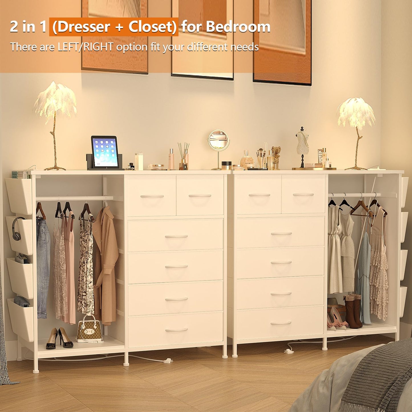 WODRAWER 6 Drawer Dresser for Bedroom with Clothes Rack, Clothes Dresser with Side Pockets and Hooks, Charging Station & LED Lights, Wooden Top, Fabric Storage (White)