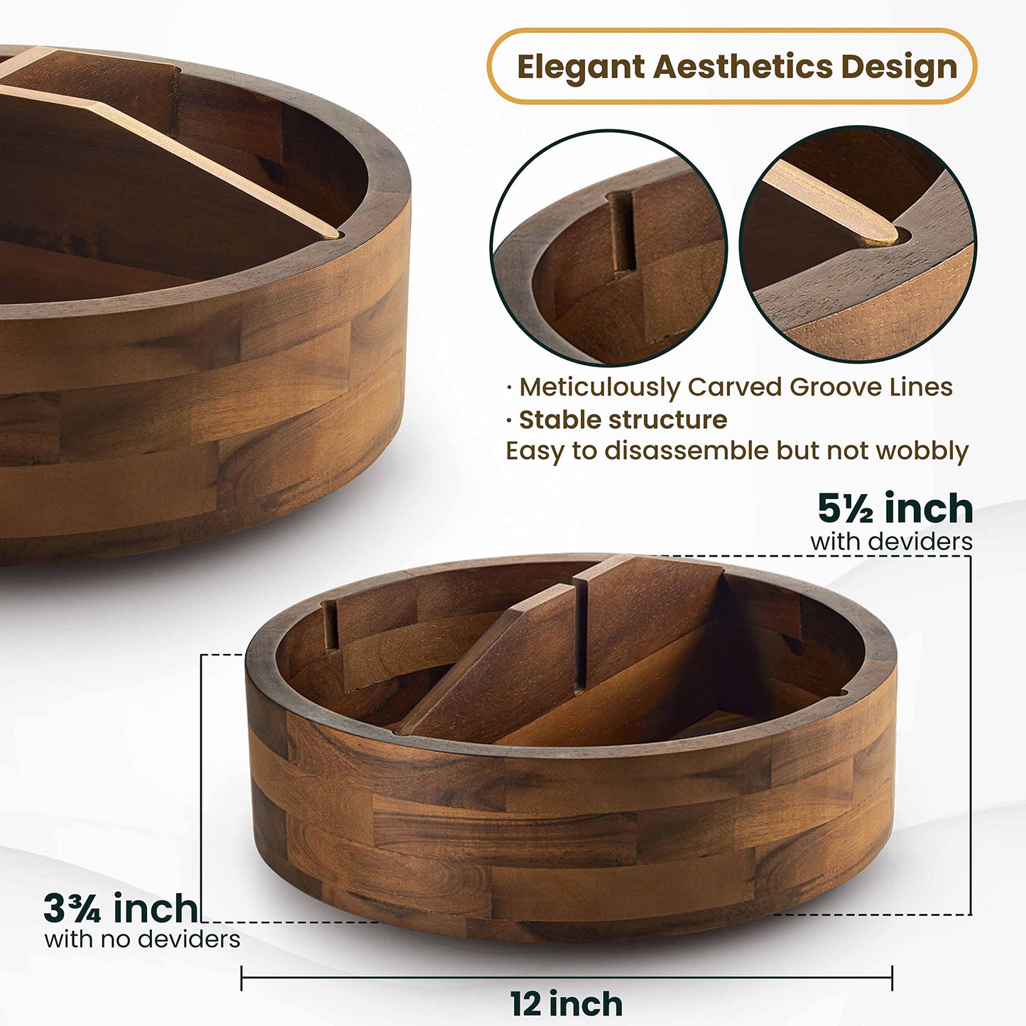 TIDITA 12" Acacia Wood Lazy Susan Organizer with 4 Dividers - Wooden Round Serving Turntable for Tabletop, Countertop - Kitchen Storage Tray Rotating Food Bin Container for Spices, Cabinet, Fridge
