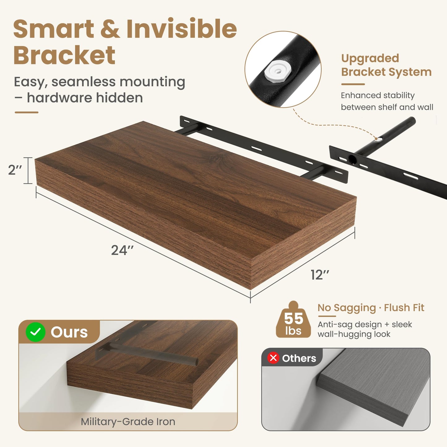 FLYJOE 24 Inch Long Floating Shelves for Wall Set of 2, 12" D Wood Grain Bathroom Shelves with Invisible Brackets, Easy Install Engineered Wood Storage Shelves for Kitchen, Living Room, Bedroom