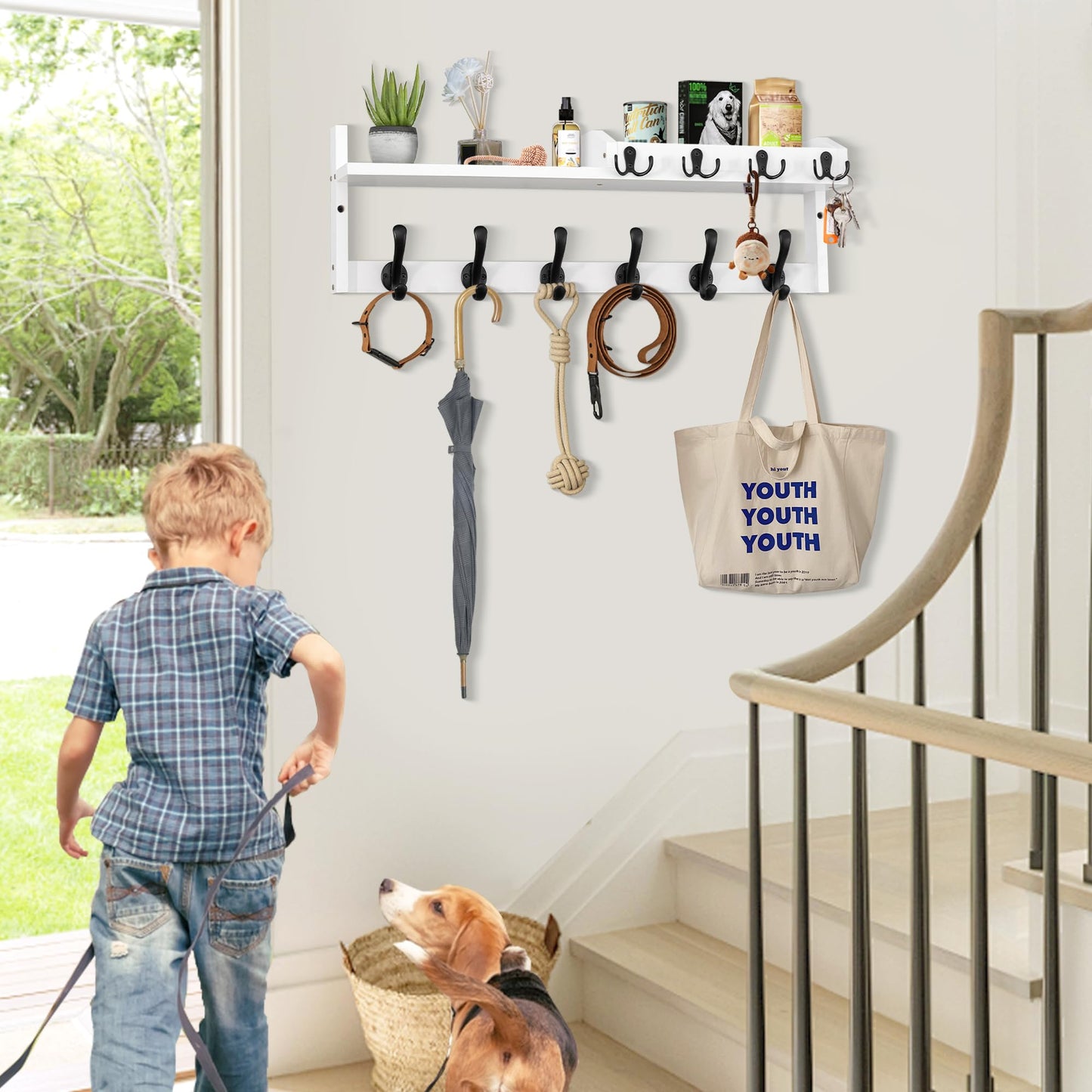 GODDGITT Coat Rack Wall Mount with Shelf, 27.5" Entryway Wall Hanging Shelf, Coat and Key Hanger with 10 Dual Hooks, Mail Organizer and Key Holder Hat Rack for Wall, Wood Coat Hooks with Storage