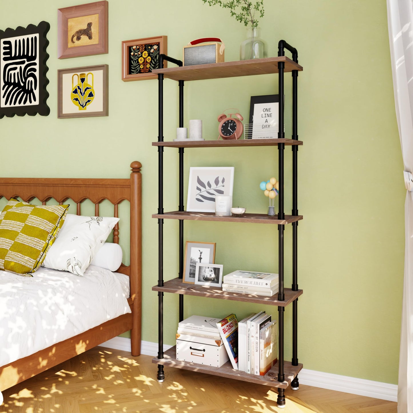 Anynice Industrial Bookshelf, Rustic Open Bookcase, 5 Tier Wood and Metal Bookshelf, Solid Pine Wood and Iron Pipe Tall Narrow Storage Shelf for Living Room Bedroom Office Kitchen