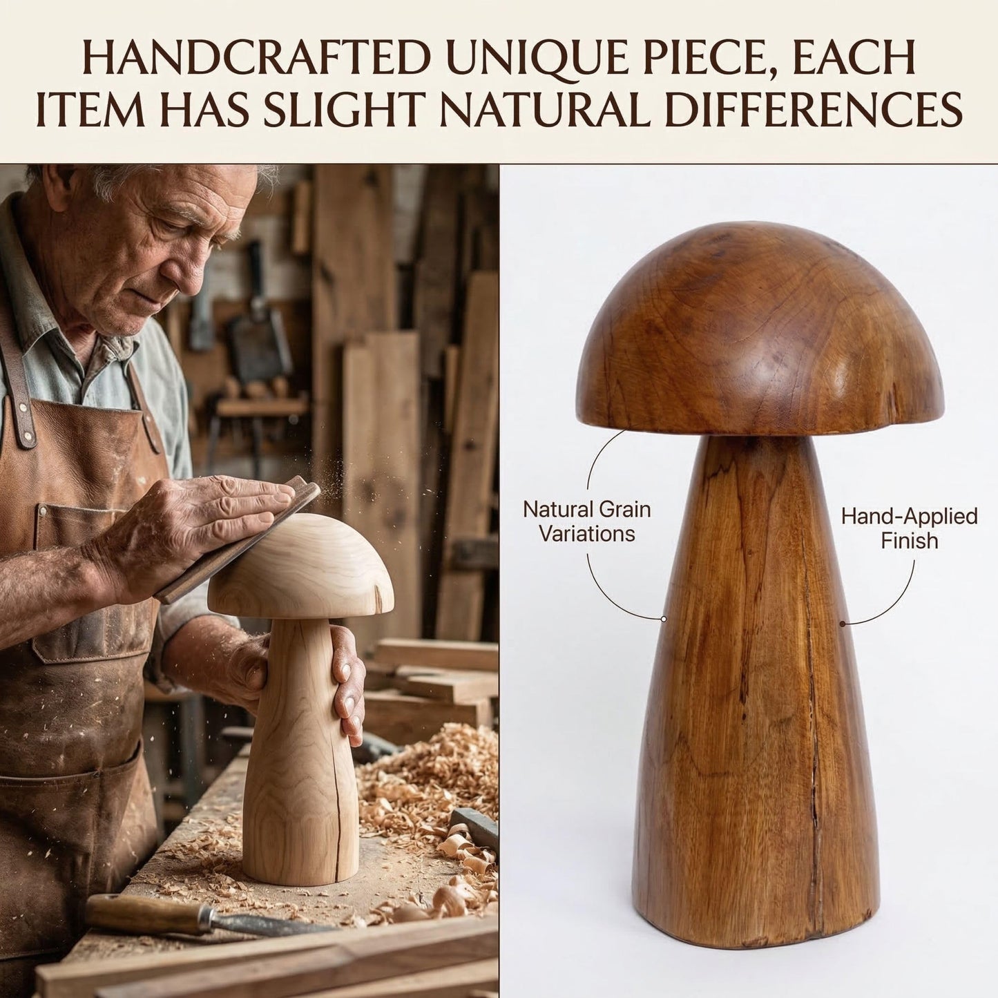 JOLLYMER Solid Teak Wood Mushroom Decor, Handmade Wooden Sculpture Rustic Boho Tabletop Accent, Natural Wood Grain Home Decoration Figurine for Living Room, Shelf, Coffee Table Indoor Decor
