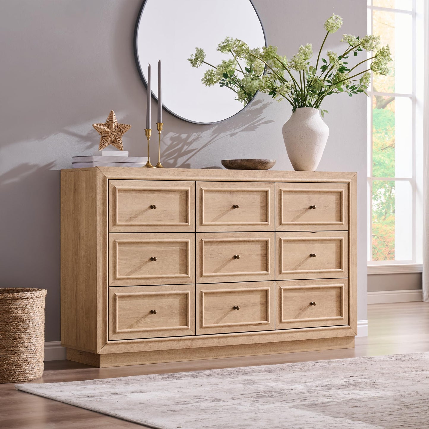 ACCOHOHO 9 Drawer Dresser with Two Included Base Styles, 52" Wide Chest of Drawers, Transitional Modern Closet Dresser with Antique Brass Knobs, Wooden TV Stand for Bedroom, Living Room, Natural Oak