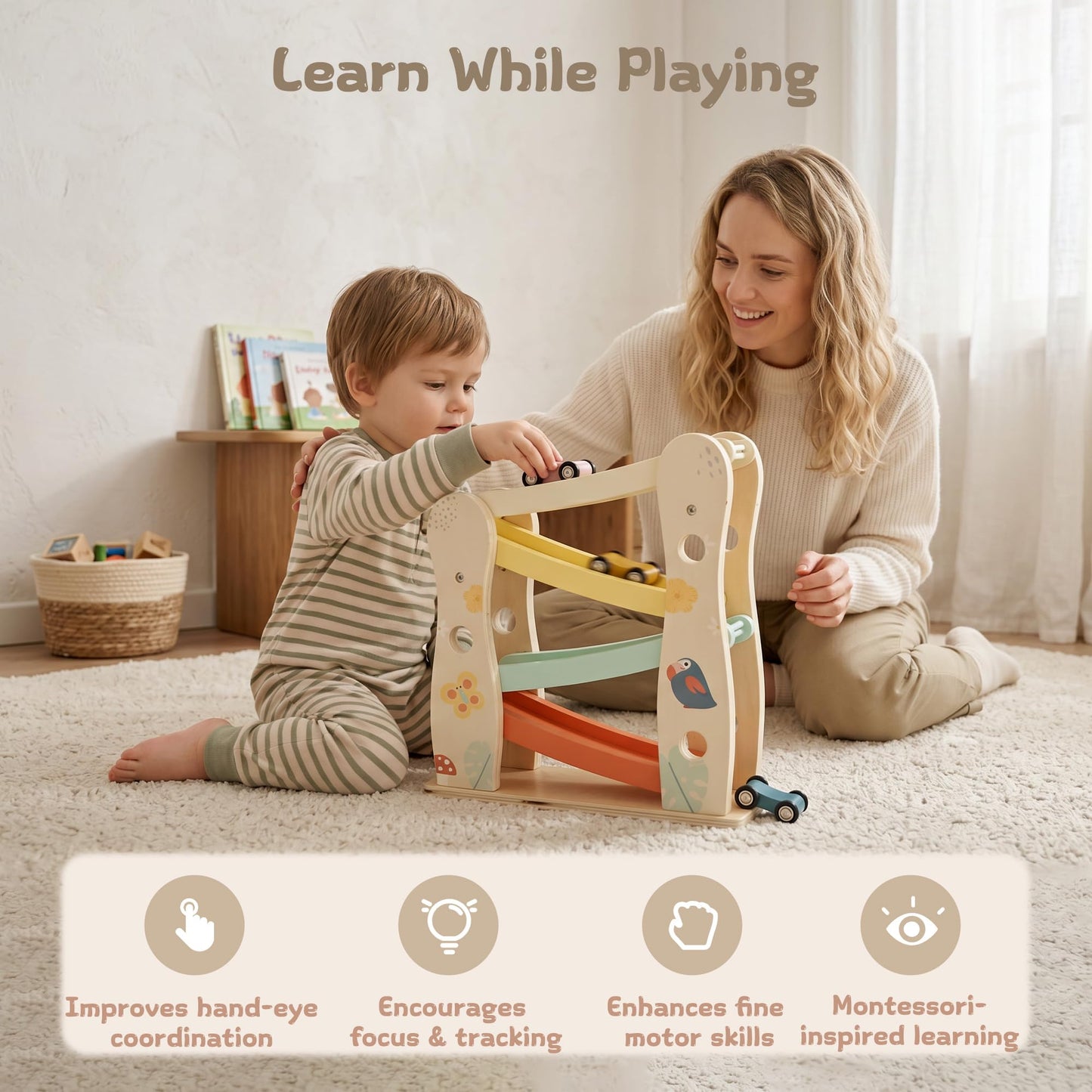 Freniland Wooden Car Ramp Toy with Cars, Toddler Race Track Set, Montessori Toys for 1-3 Year Old Boys Girls, Car Toys for Toddlers Age 18+ Months