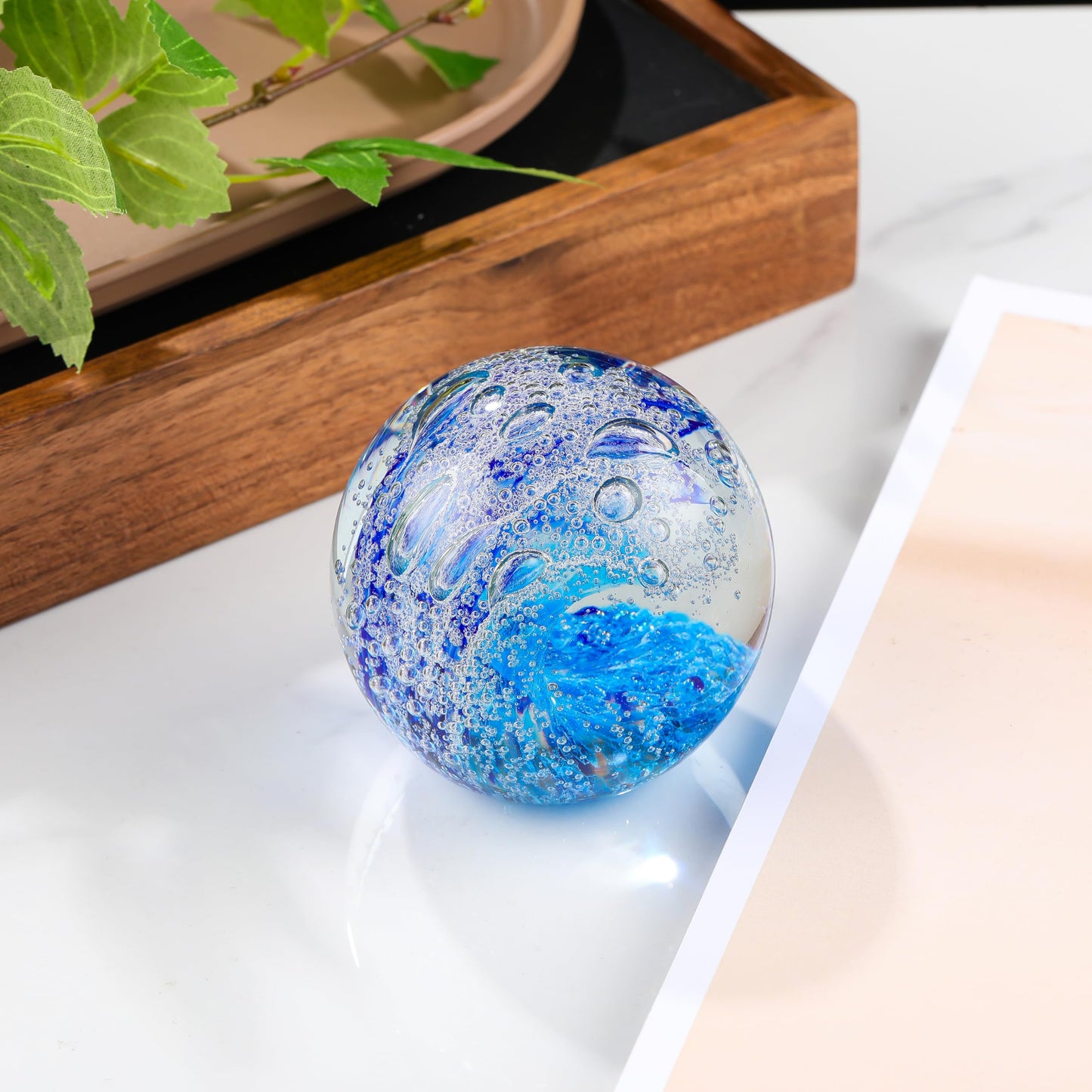 Qianwei Hand Blown Ocean Waves Crystal Ball - Glass Collectible Figurines Spere - Paperweight Glass Ball Aquarium DecorOffice Decor Ocean Lovers