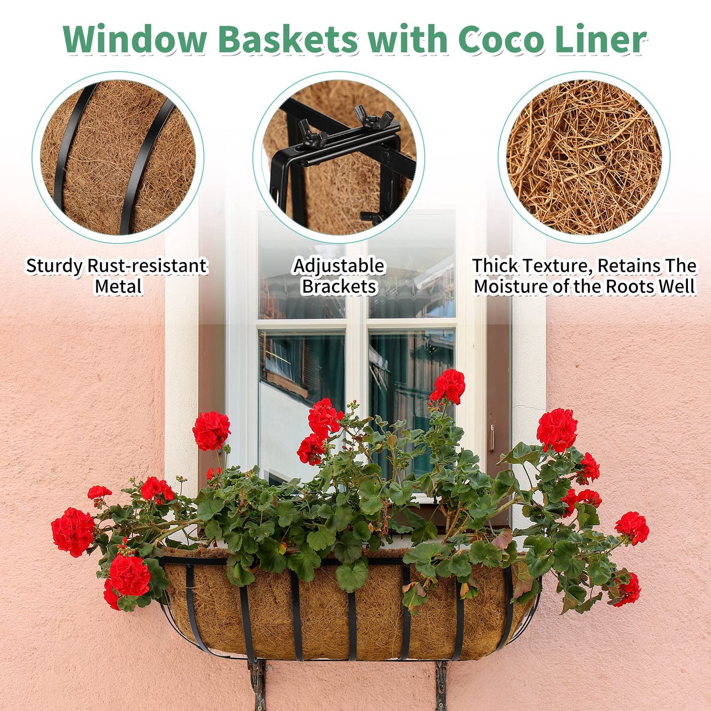 Tessco for you 3 Pieces Railing Planter Boxes, 24 Inches Window Box Planters with Coco Liner and Adjustable Brackets for Deck Porch Fence Patio Balcony Gardening Outdoor Plants