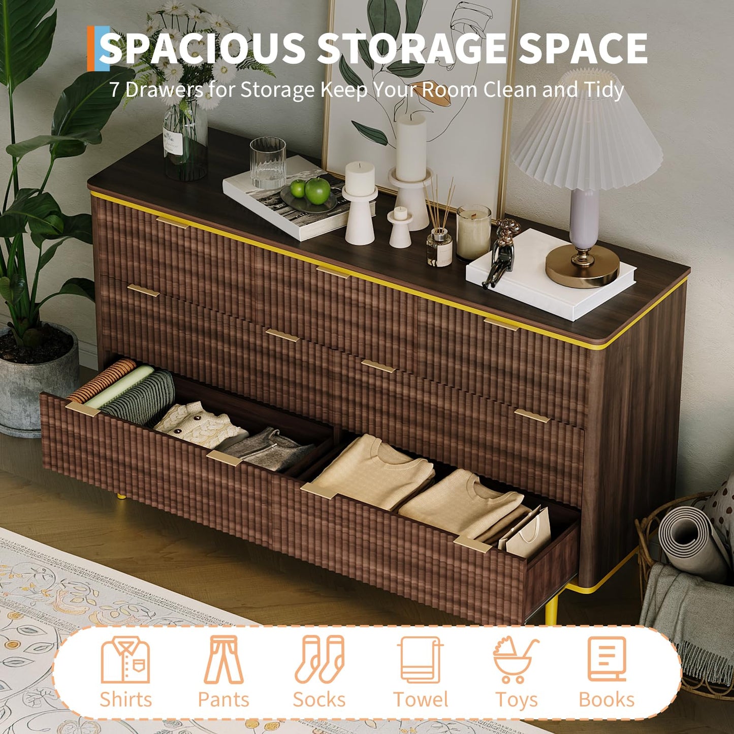 Garvee LED Dresser with Charging Station - Modern 5-Drawer 47" Wide Wooden Chest, Storage Organizer for Bedroom, Nursery, Hallway & Apartments