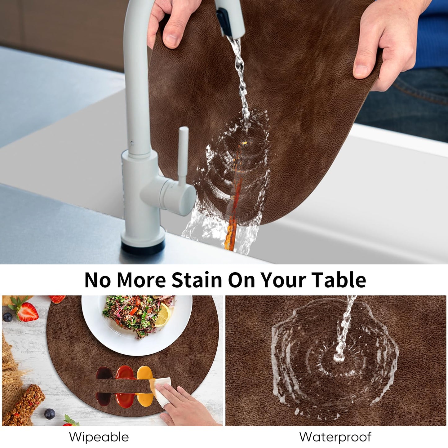 ADRIMER Placemats, Heat Resistant Round Placemats Set of 8 Washable, Waterproof Table Mats, Wipeable Faux Leather Place Mats for Kitchen, Dining Room, Brown