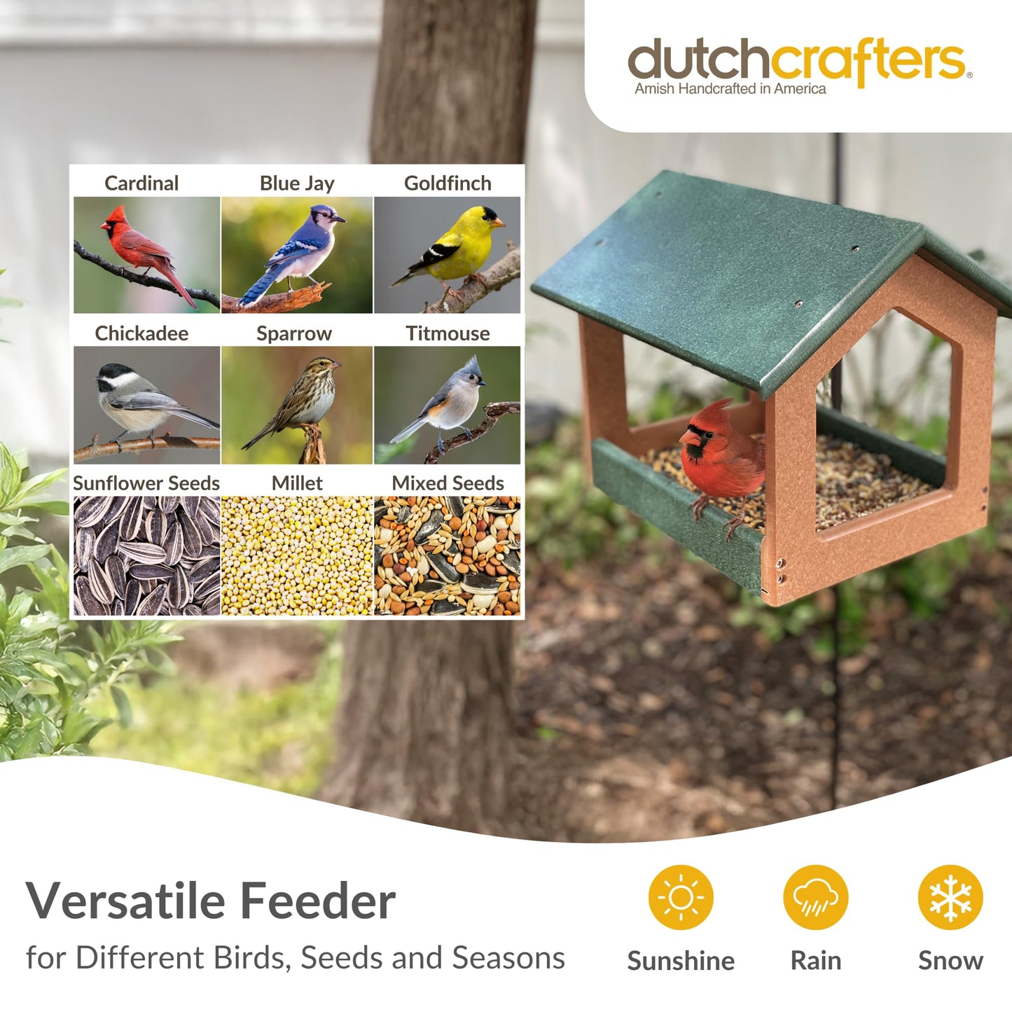 DutchCrafters Amish USA Made Recycled Plastic Large Hanging Modern Fly Through Covered Roof Open Platform Tray Bird Feeder for Outdoors, Garden, Yard (Tudor Brown & Weatherwood)