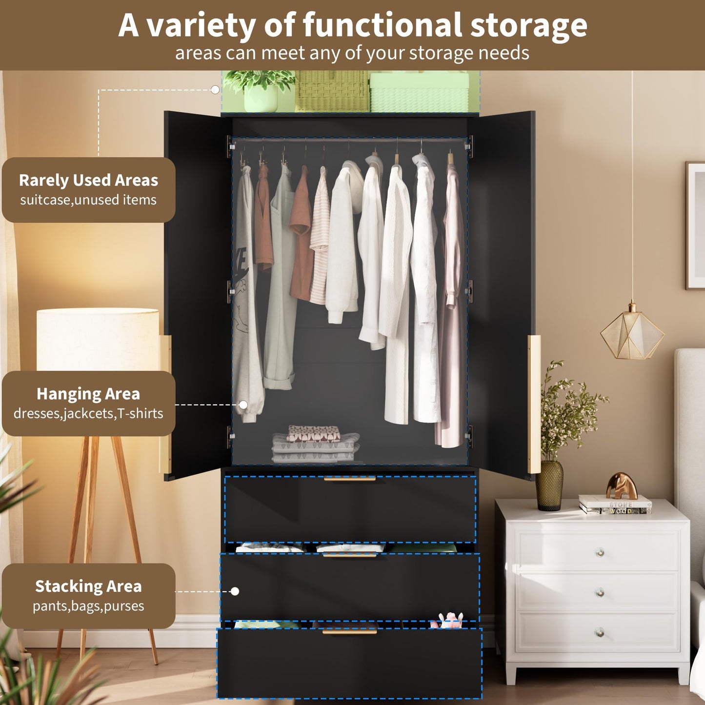 Garvee 70" Wardrobe Armoire Wooden Closet with 2 Doors and 3 Drawers, Bedroom Armoire with Hanging Rod Shelf, Large Capacity Storage Wardrobe Armoire, Freestanding Wooden Closet Storage Cabinet