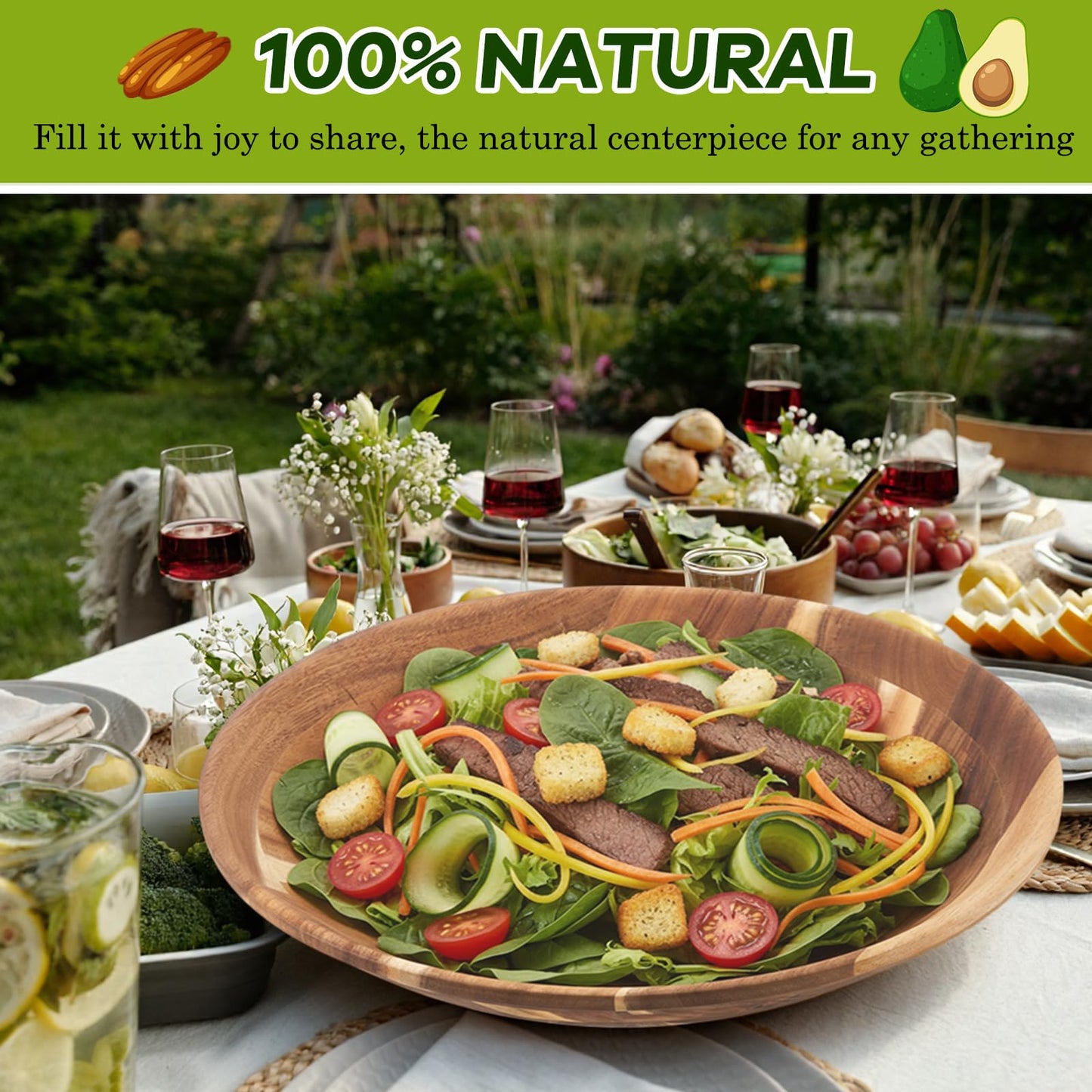 Geiserailie Extra Large 18 Inch Acacia Wood Salad Bowl Set Wooden Serving Bowl with Serving Utensils for Fruits, Pasta, Salad Farmhouse Kitchen for Housewarming Wedding Restaurants Table Display Gift