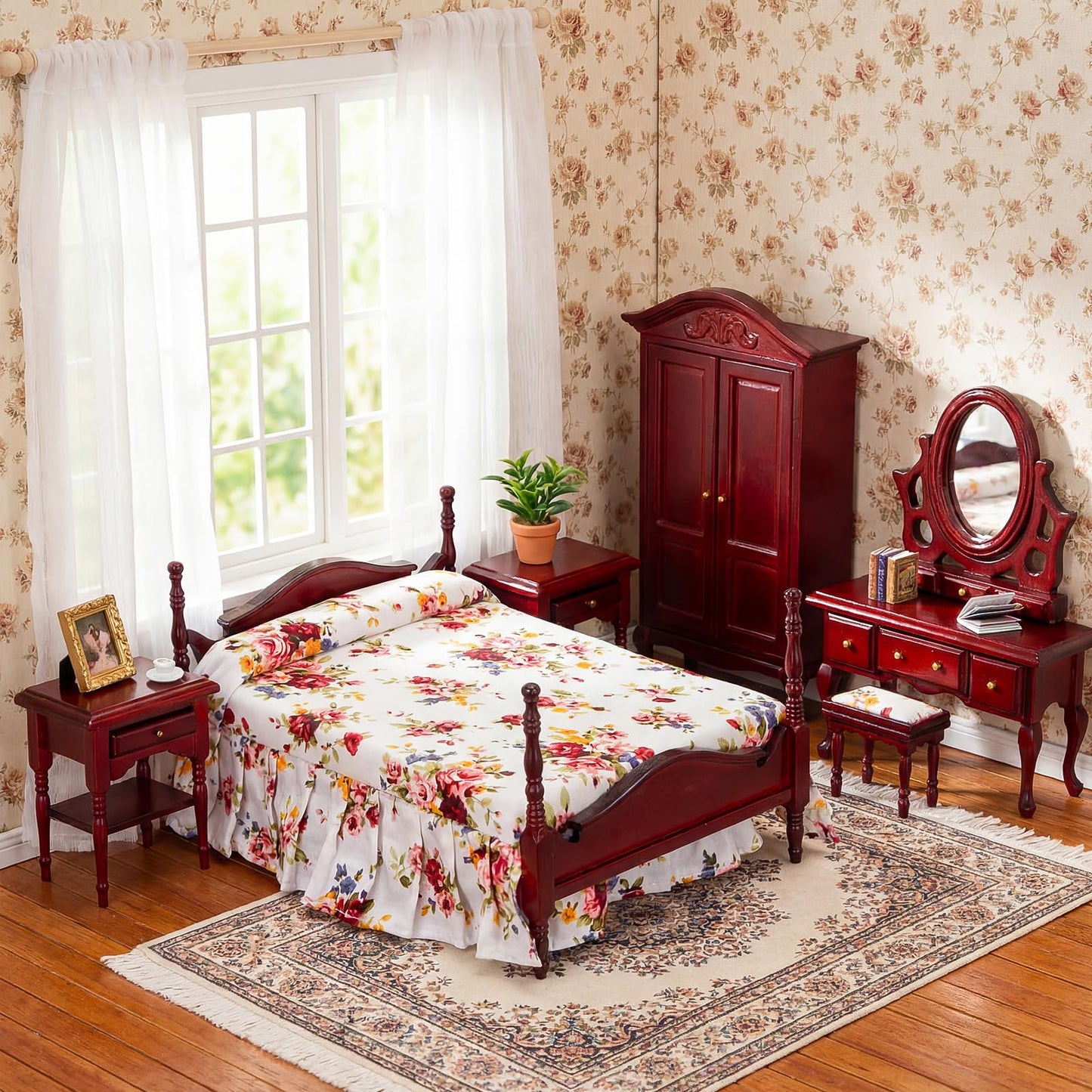 Skylety 7 Pcs Victorian Dollhouse Furniture Set 1: 12 Scale Wooden Mini House Bedroom Furniture and Accessories, Bed Dressing Table Wardrobe Carpet for Adults Toy Gift Miniature Doll House Accessories