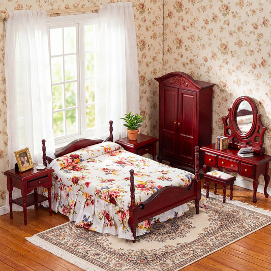Skylety 7 Pcs Victorian Dollhouse Furniture Set 1: 12 Scale Wooden Mini House Bedroom Furniture and Accessories, Bed Dressing Table Wardrobe Carpet for Adults Toy Gift Miniature Doll House Accessories