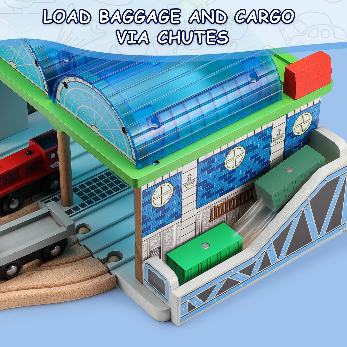 SainSmart Jr. Wooden Train Track Accessories - Premium Train Station with Double-Track Tracks and Conveyor Belt Fit for All Major Brands, Ideal Gift for Aged 3+