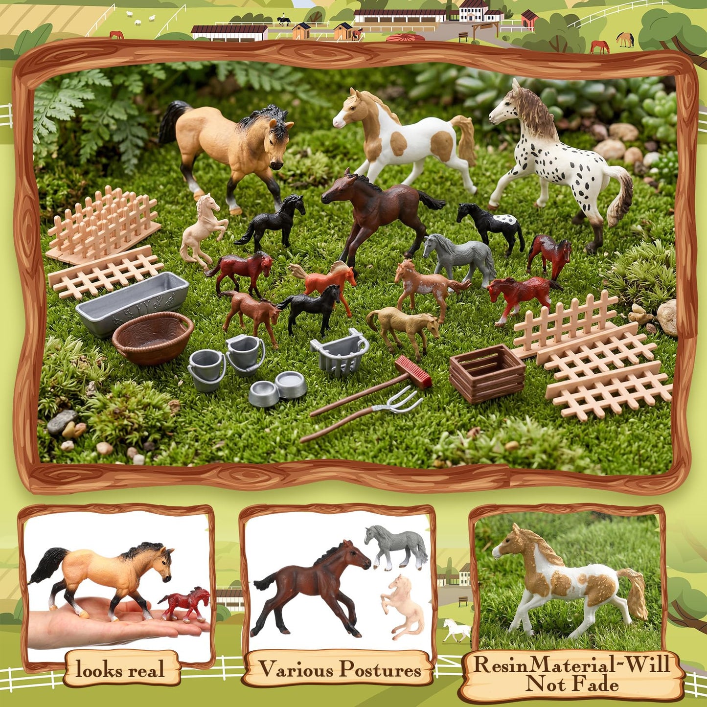 Gerrii 33 Pcs Realistic Horse Figurines Set, 16 Horses Breeds with Wooden Fences Farm Accessories for Tabletop Display Cake Topper Horse Lover Collector Birthday Gift