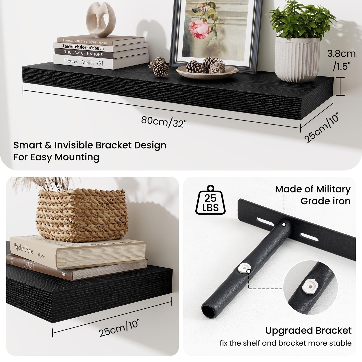 Fun Memories Floating Shelves for Wall, 32 Inch Long Floating Shelves Set of 2, 32 x 10 Wooden Shelves for Wall, Large Storage Shelves, Hanging Shelves for Bathroom Kitchen Bedroom, Black