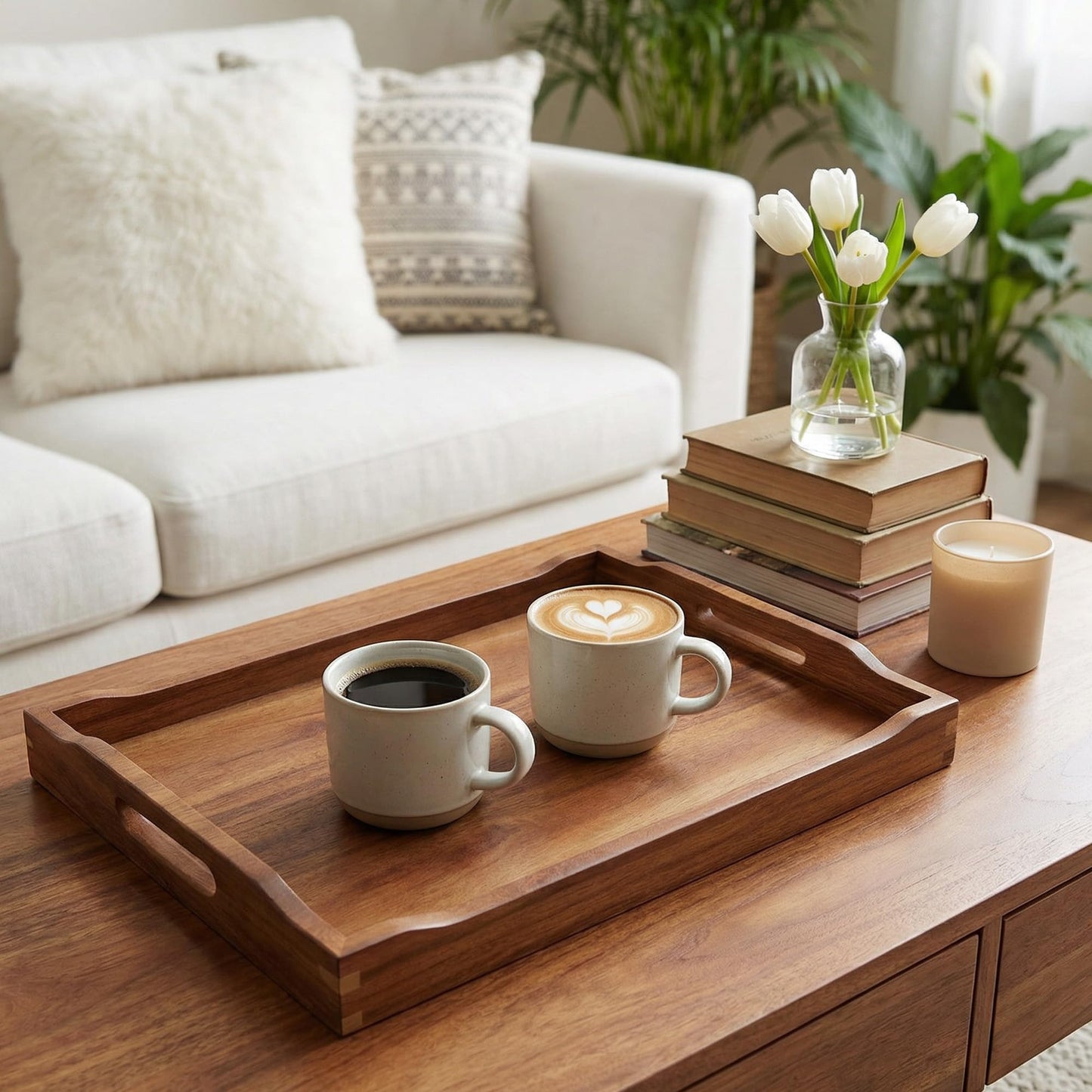 Plusinthebox Acacia Wood Serving Tray with Handles, Rectangular Wooden Ottoman Tray for Coffee Table, Breakfast in Bed, Drinks, Kitchen Countertop and Home Decor