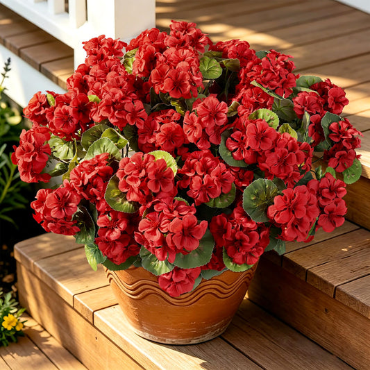 Playieer Artificial Flowers for Outdoors, 12 Bundles Realistic Fake Silk Red Geraniums Flowers UV Resistant No Fade Faux Plants for Planters Front Porch Garden Patio Balcony Window Boxe Yard Decor