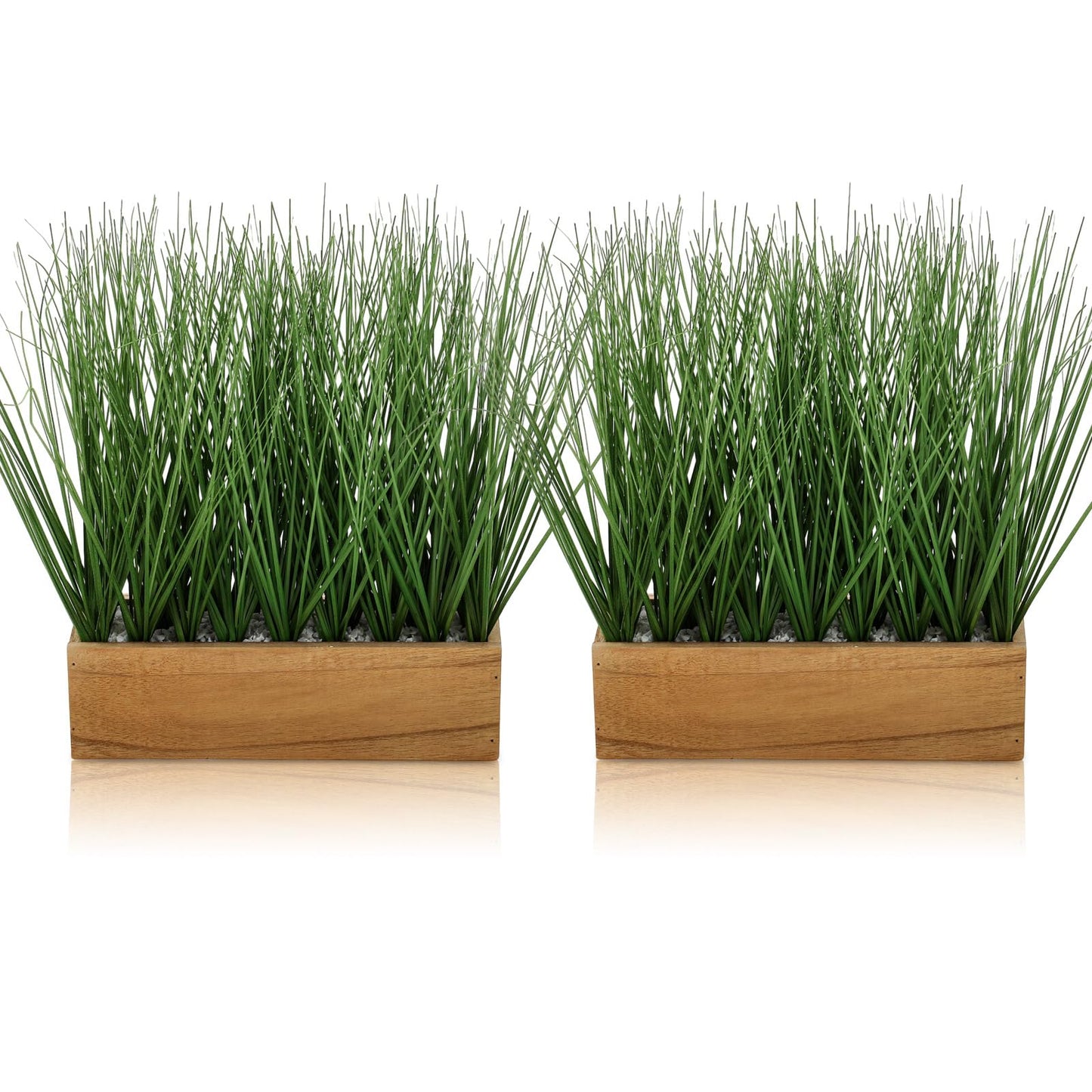 Luinabio 2 Pack 12 Inch Artificial Grass Plants in Acacia Solid Wood Planter Box Decorative Wooden Container with Faux Greenery Plant for Indoor Home Table Rustic Decor