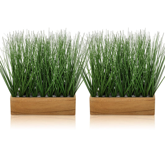 Luinabio 2 Pack 12 Inch Artificial Grass Plants in Acacia Solid Wood Planter Box Decorative Wooden Container with Faux Greenery Plant for Indoor Home Table Rustic Decor
