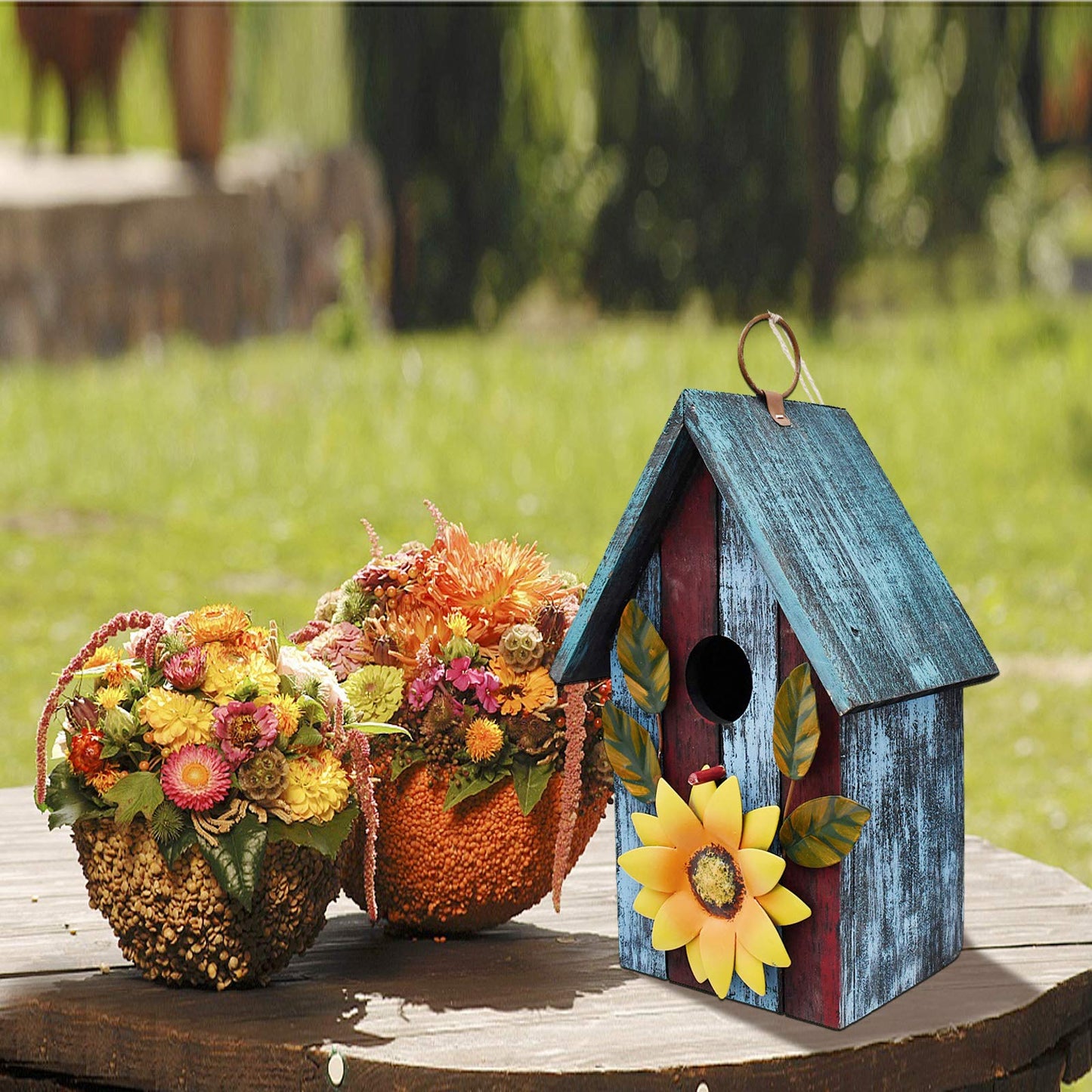 Wood Decorative Bird House for Outside Hanging Hummingbird House, Wooden Hand Painted Small Bird House Outdoors Garden Décor, Hanging Bird House for Finch Bluebird Wren Chickadee (Blue)