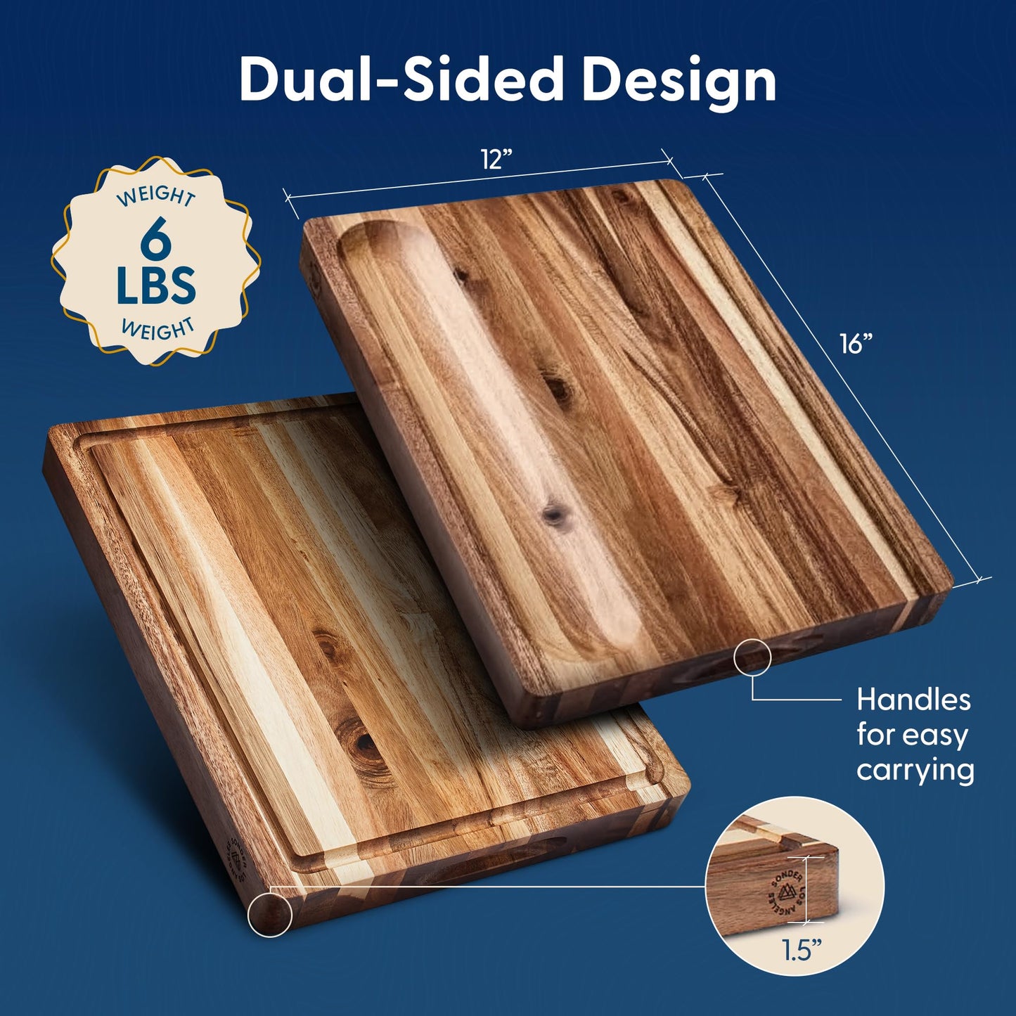 Sonder Los Angeles Winsome Acacia Wood Cutting Board | Acacia Edge Grain Cutting Board for Kitchen with Juice Groove & Sorting Compartment | Perfect for Charcuterie | Gift Box Included | 16x12x1.5 in