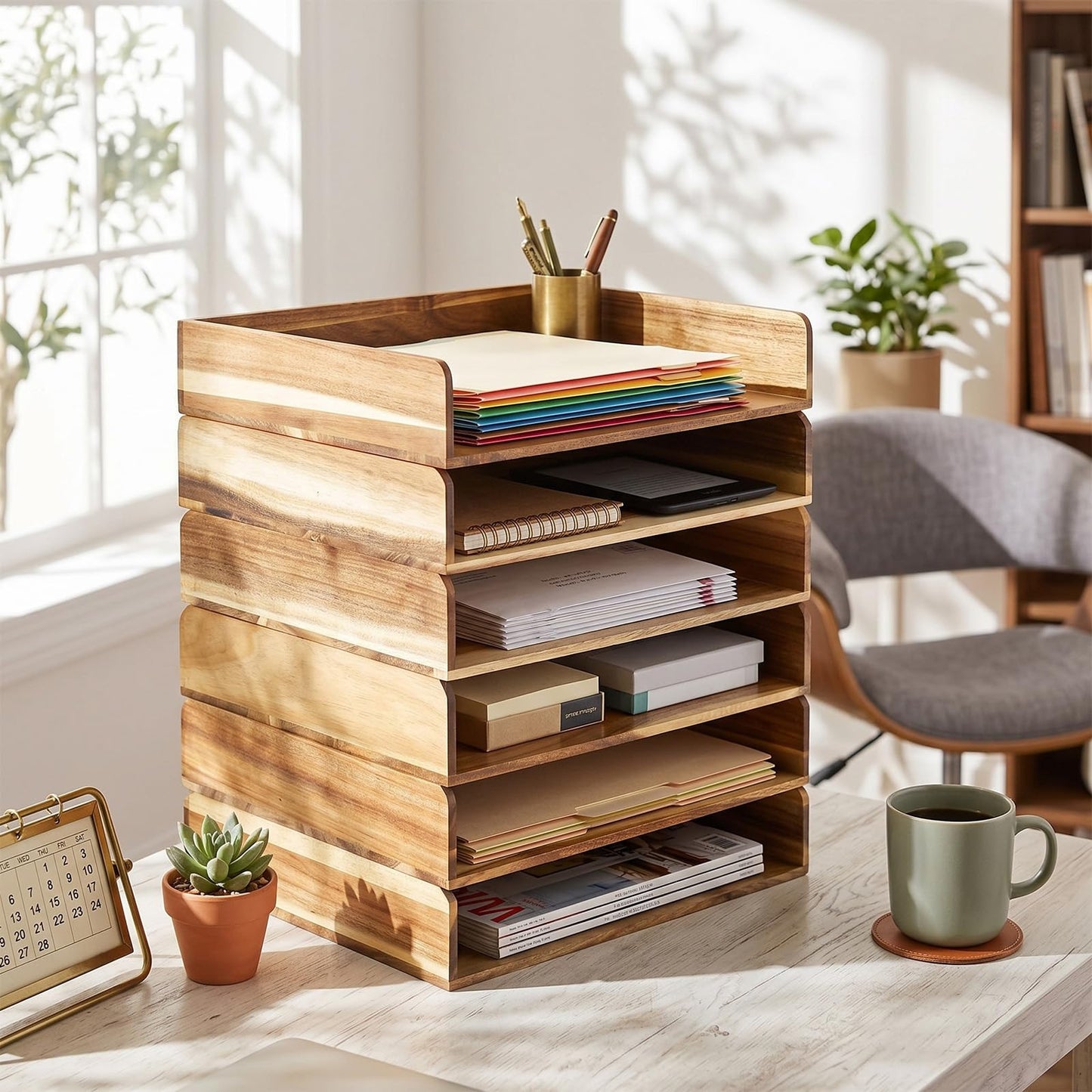 Novabright 6 Pcs Stackable Paper Organizer Tray Acacia Wood Desk Organizer Letter Tray Desktop Letter Size Office Wooden Desk Shelf Paper Holder Folder Organization Rack for File Document (Acacia)