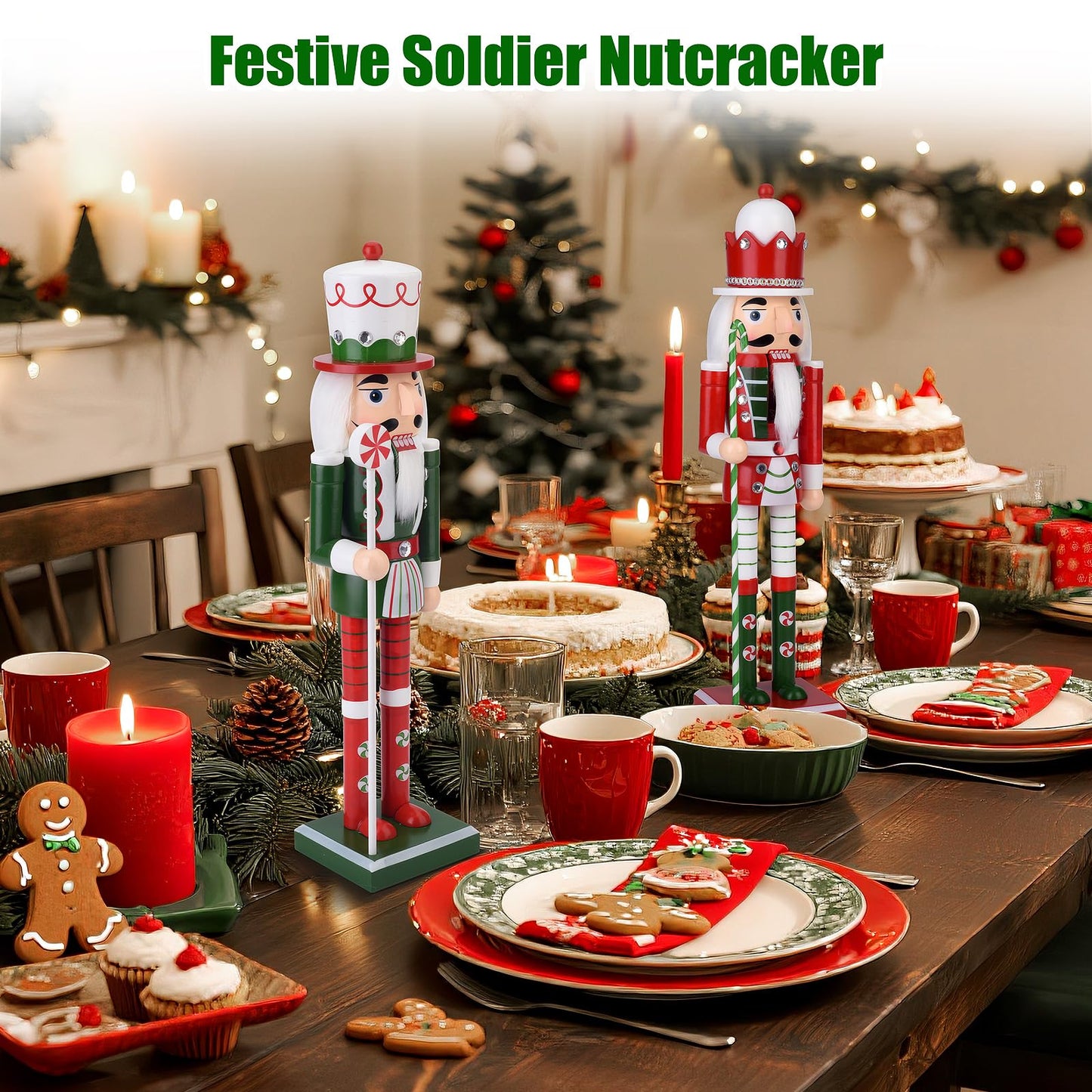 Wooden Christmas Soldier Nutcracker Decorations, 15 Inch Xmas Nutcracker Figure Christmas Decor for Home, Shelf, or Party Display (Green)