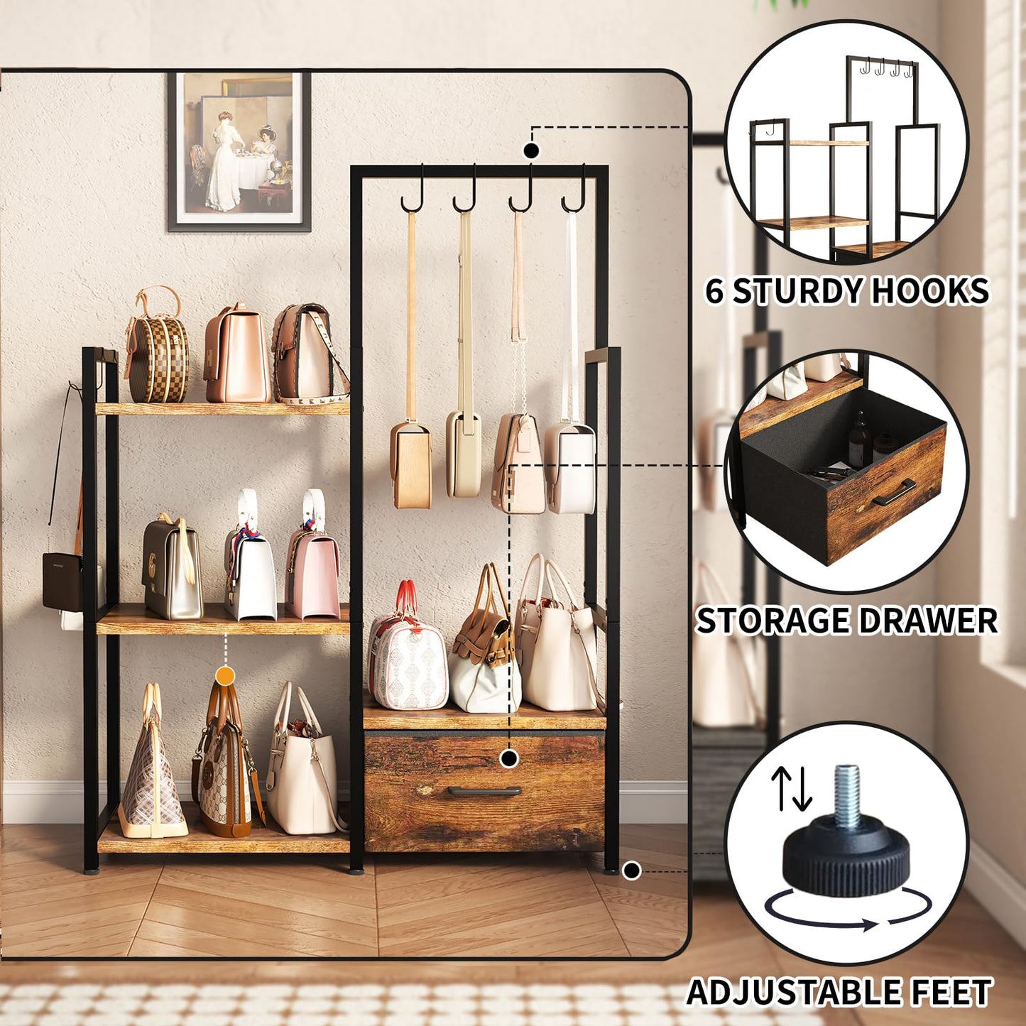 BTaoyutt 3-Tier Ironwood Purse Rack – Large Drawer & 6 Hooks for Handbag Storage ，Purse Display Shelf& Bag Organizer for Various Bags(Rustic Brown)