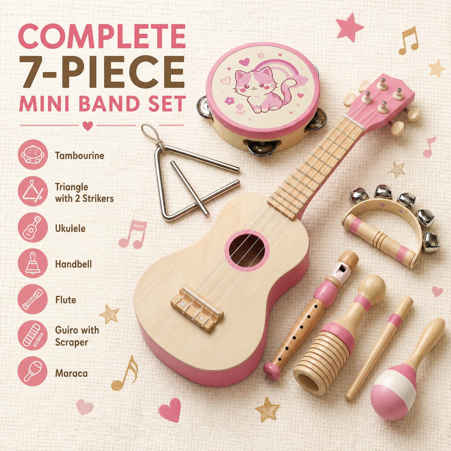 Soundo Kids Musical Instruments Set - 7P Toddler Ukulele for 2+ Year Old Boys Girls, Birthday Gifts for Kids 2 - 5, Christmas Wooden Toys, Party Kit with Ukulele, Maracas, Tambourine (Pink)